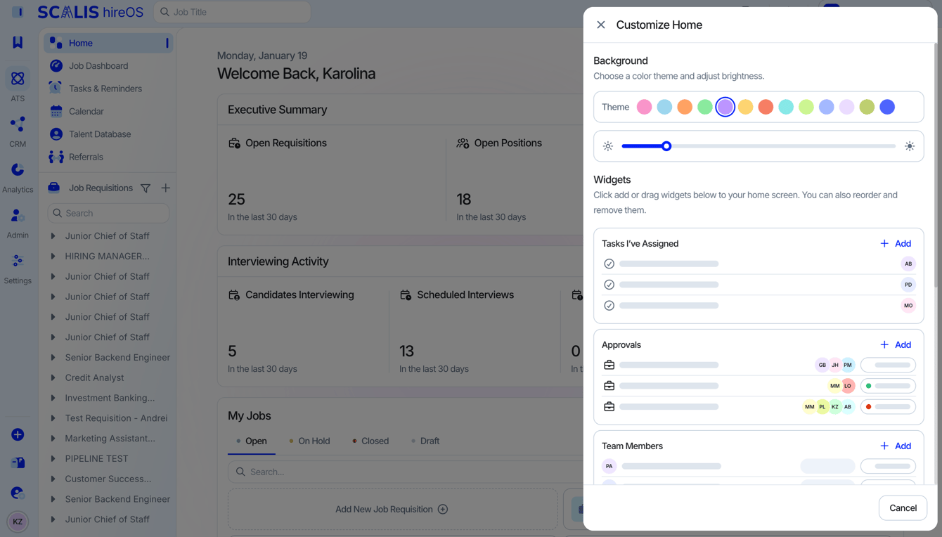 Customization drawer for theme, brightness, and widgets