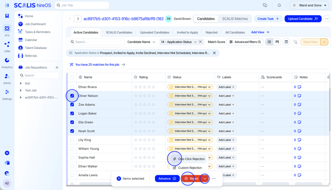 Selecting candidate(s) and applying One-Click Rejection