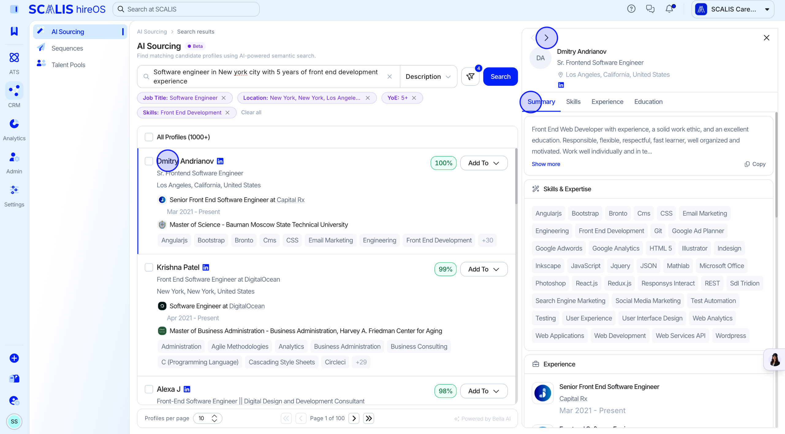 Candidate profile showing education, skills, and work history