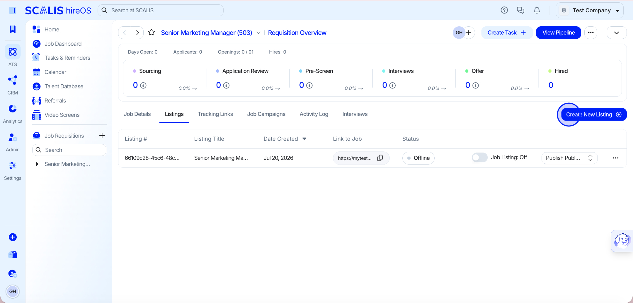Clicking Create New Listing