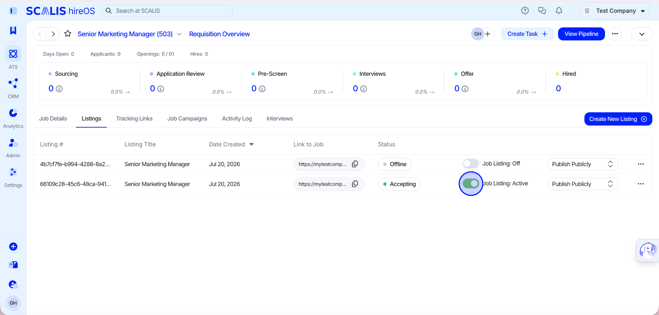 Toggling the listing on or off