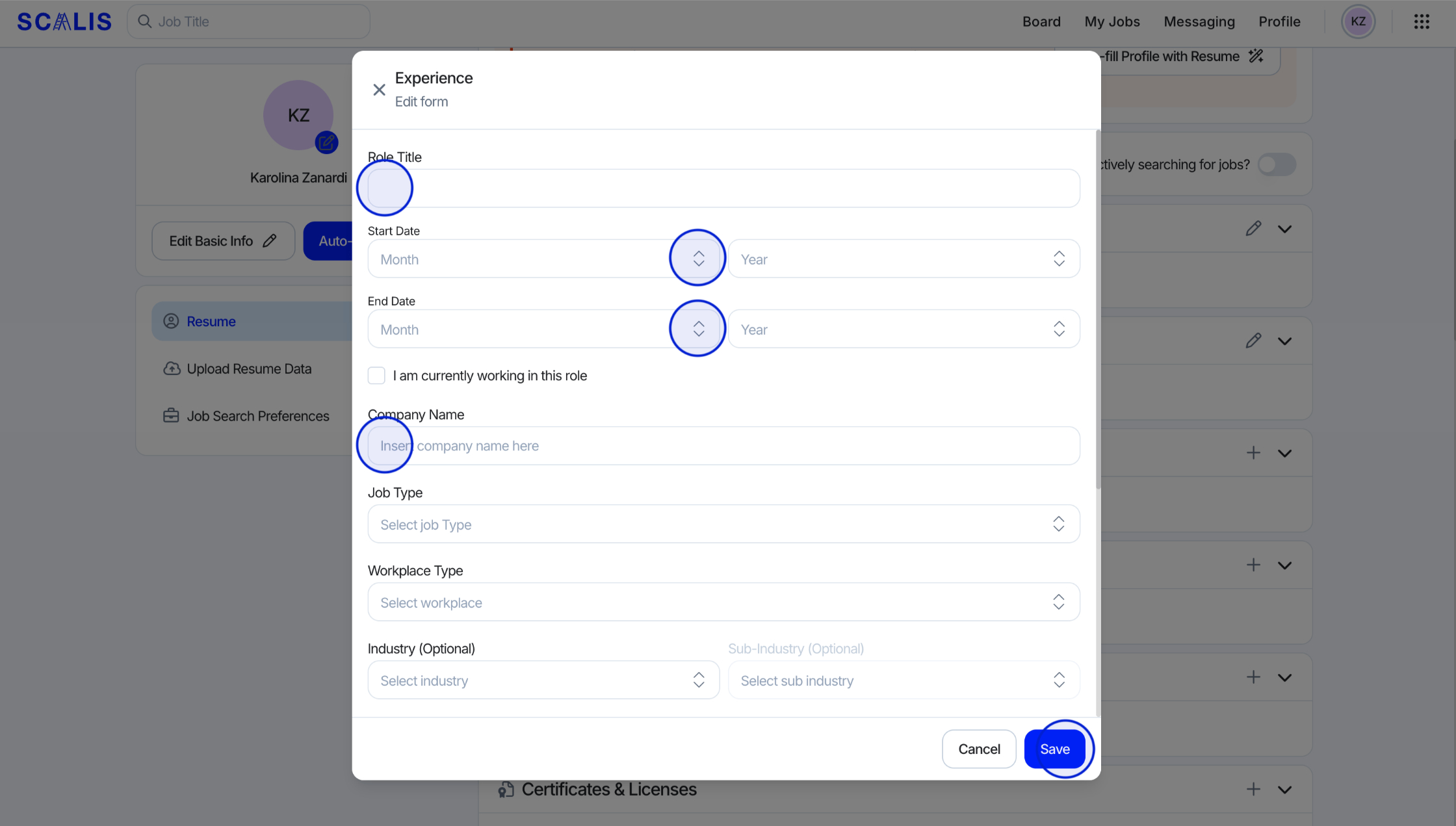 SCALIS experience entry form with Role Title, Start Date, and Company fields