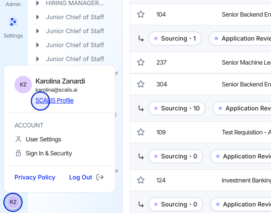 SCALIS left navigation with avatar menu open showing SCALIS Profile option