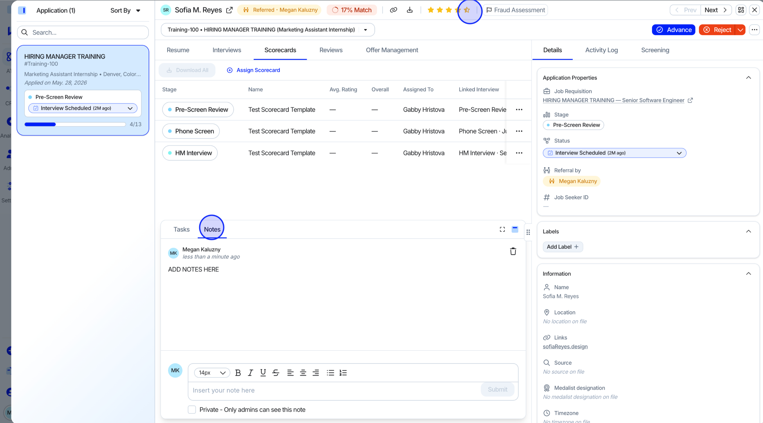 Adding a star rating and notes on a candidate profile