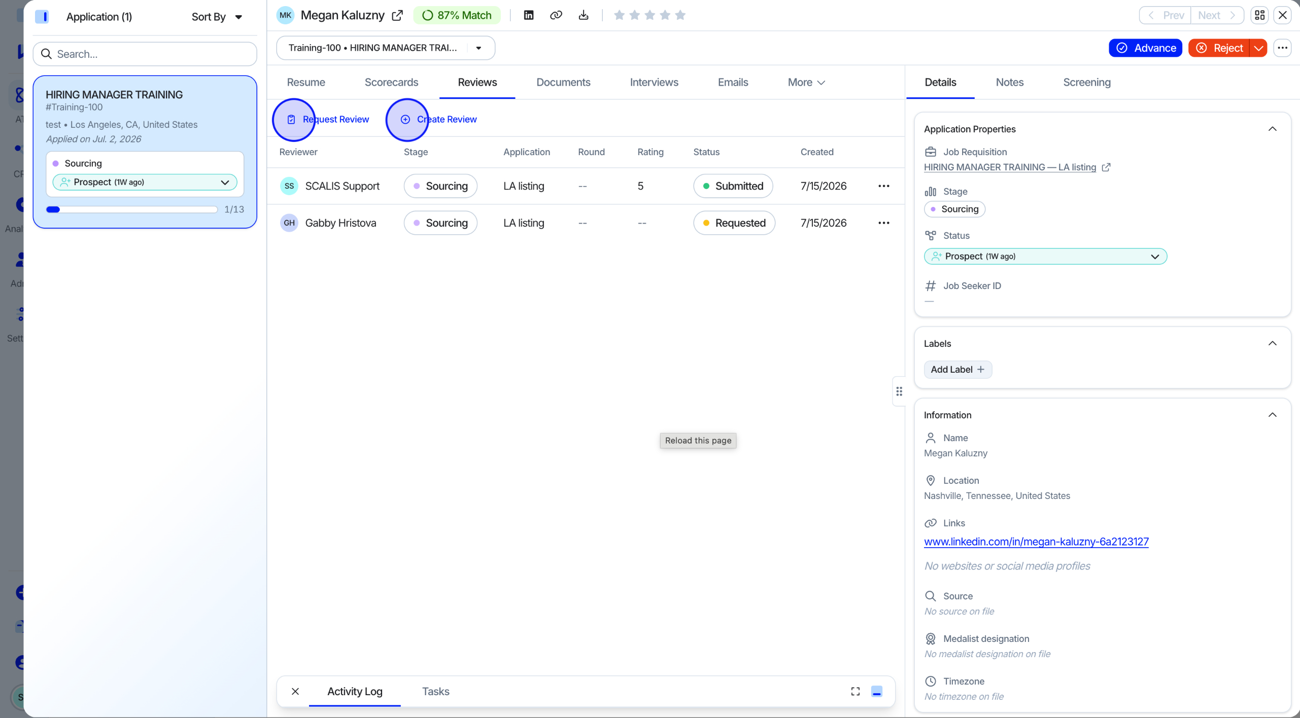 Starting a review with "Create Review"