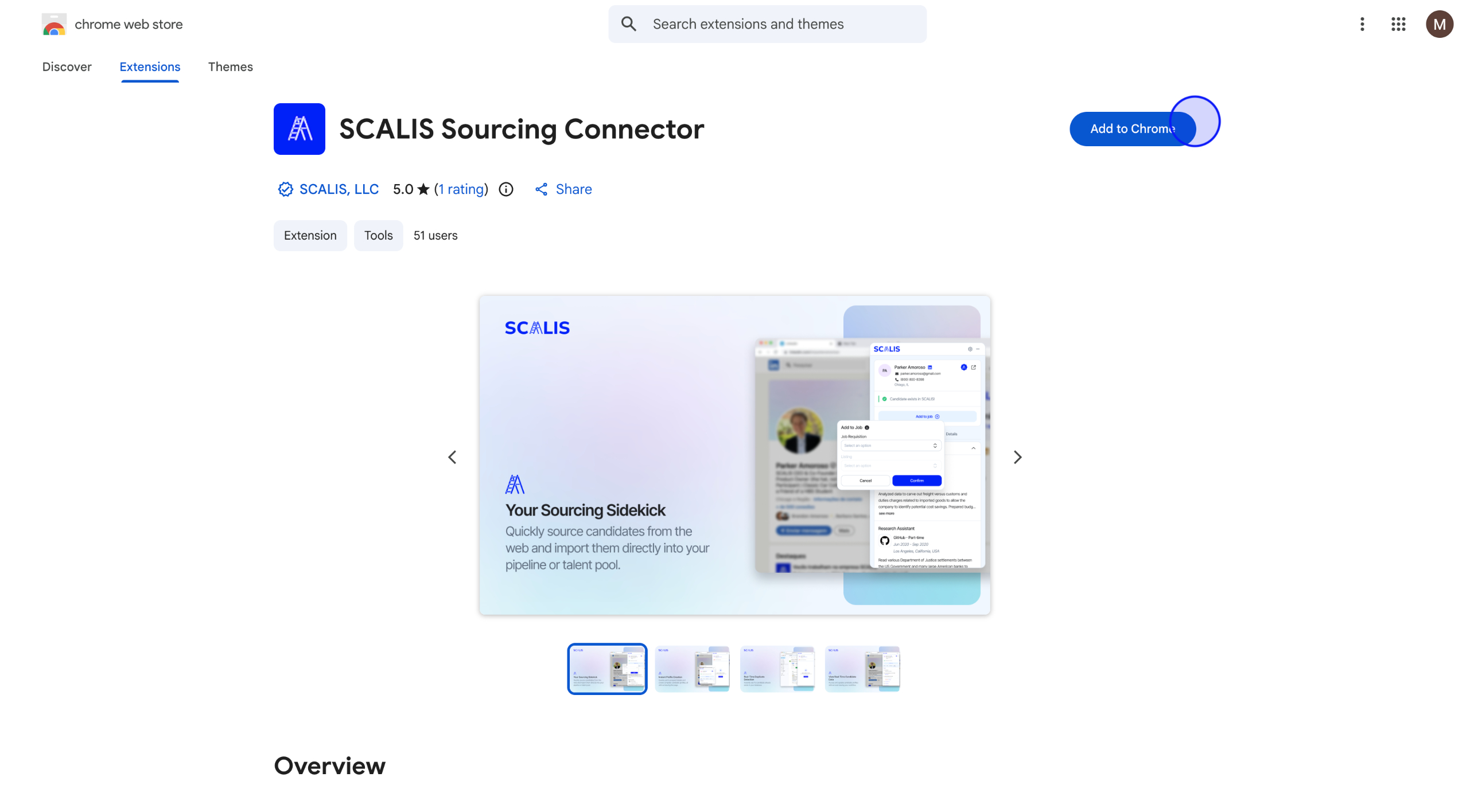 SCALIS Sourcing Connector listing in the Chrome Web Store