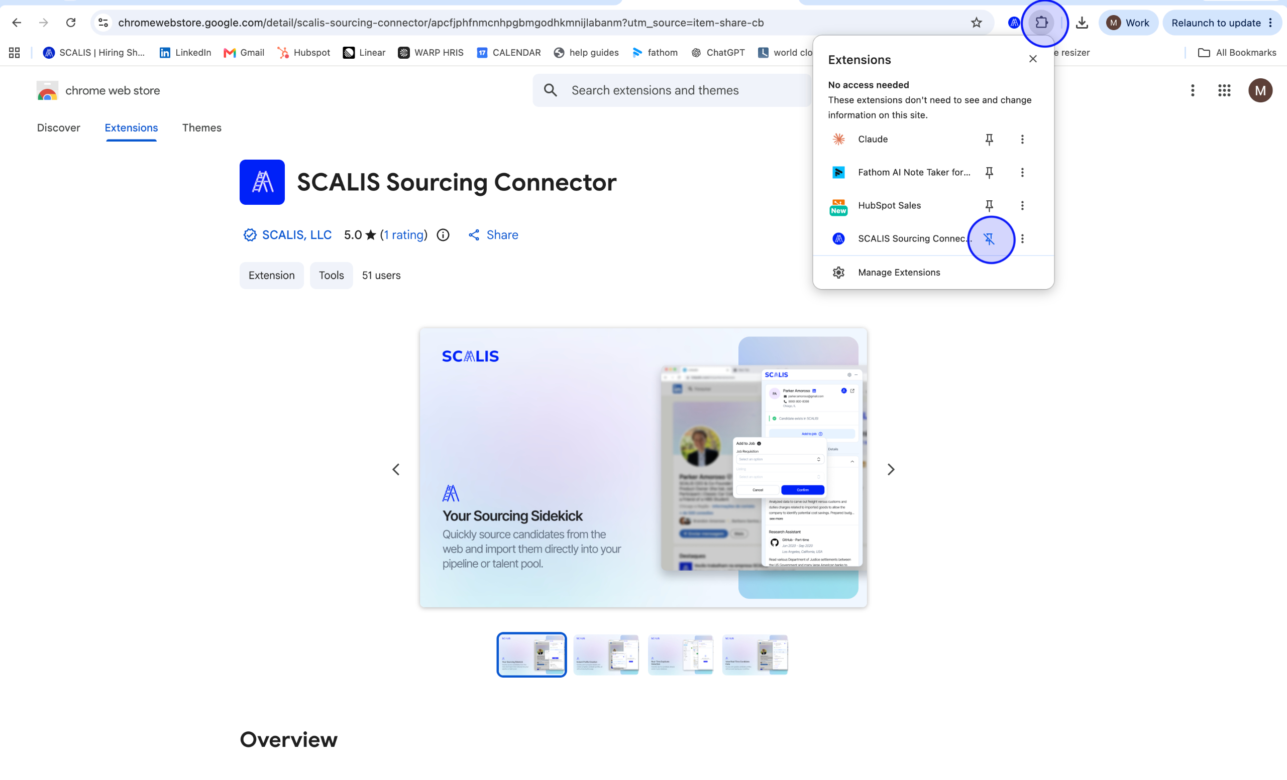 Chrome Extensions menu with the SCALIS Sourcing Connector pinned