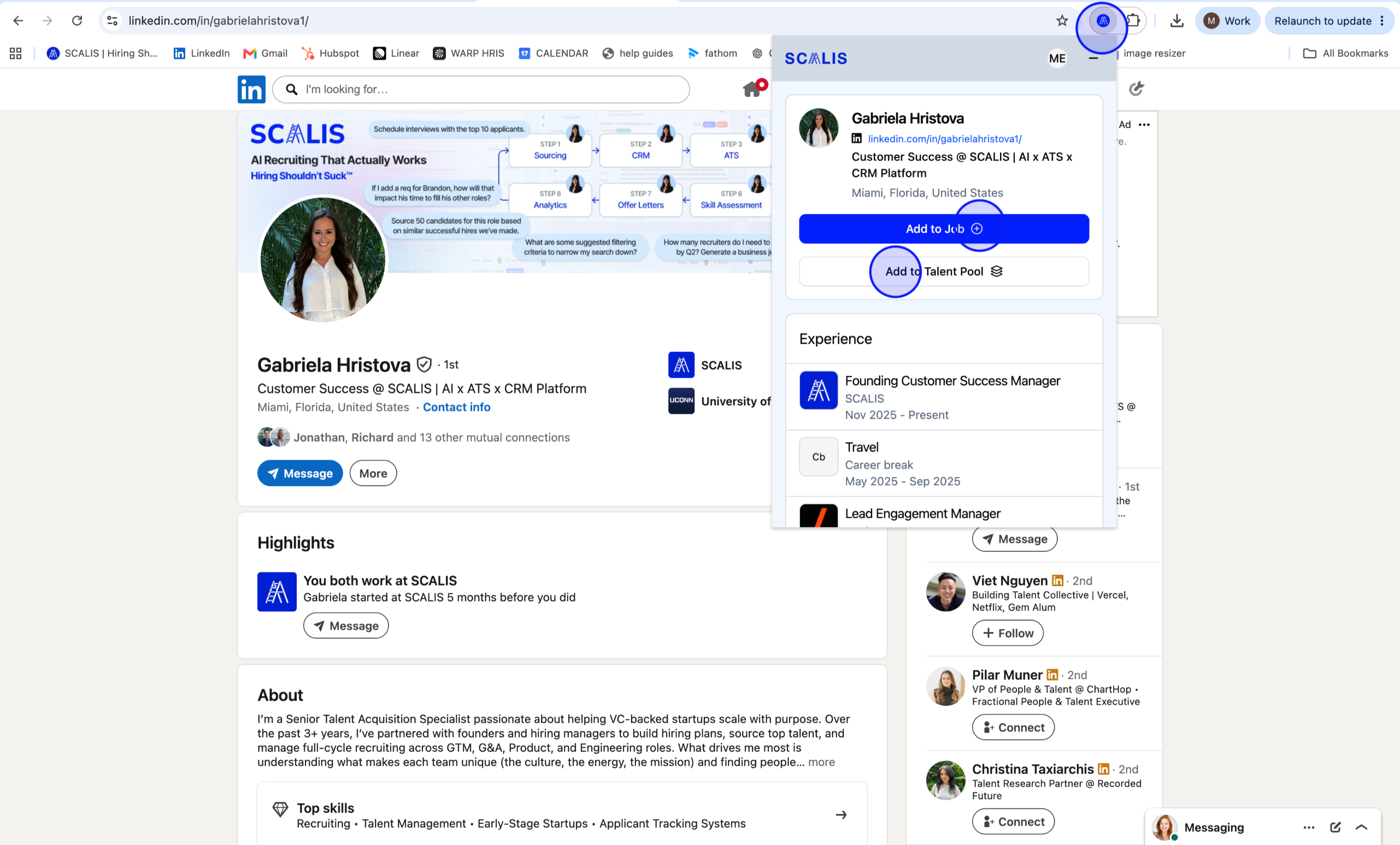 SCALIS Sourcing Connector open on a LinkedIn profile