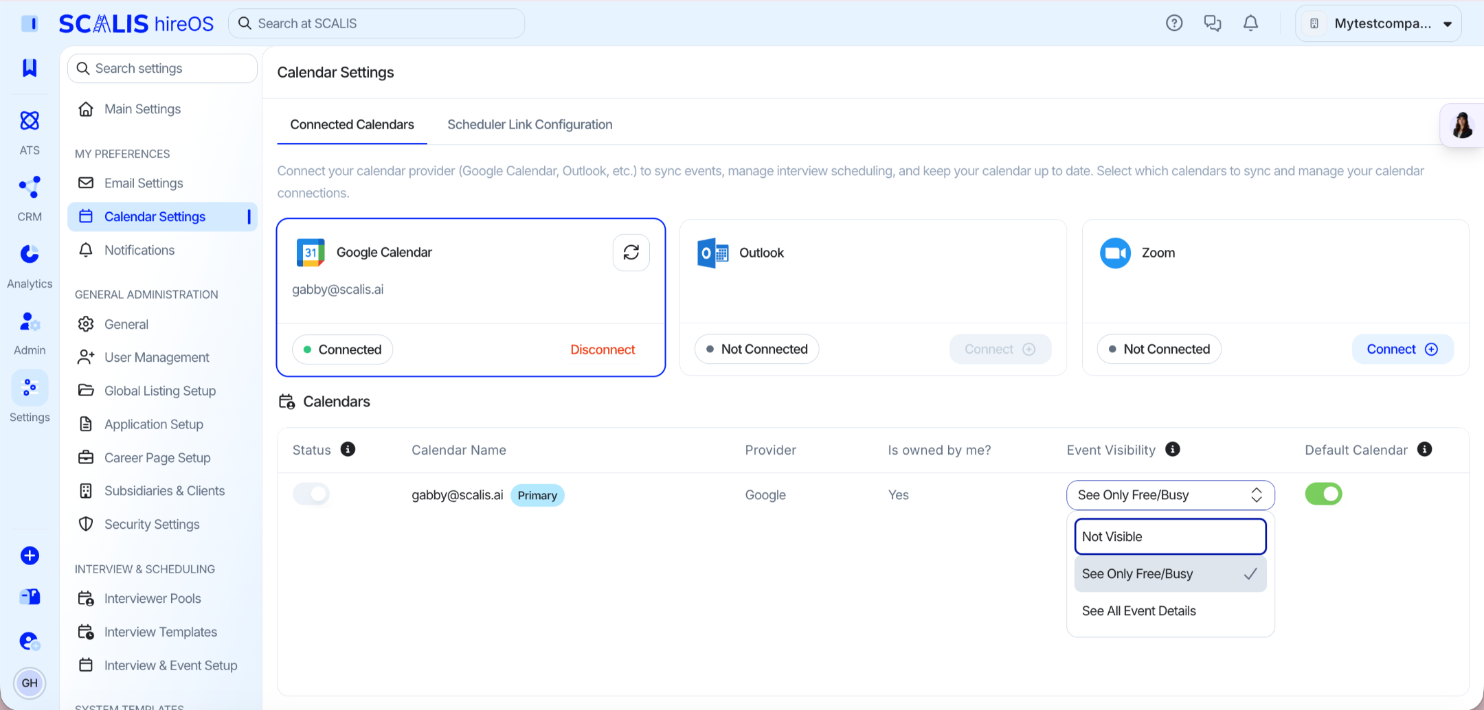 Shared calendars list with status, event visibility, and default calendar controls