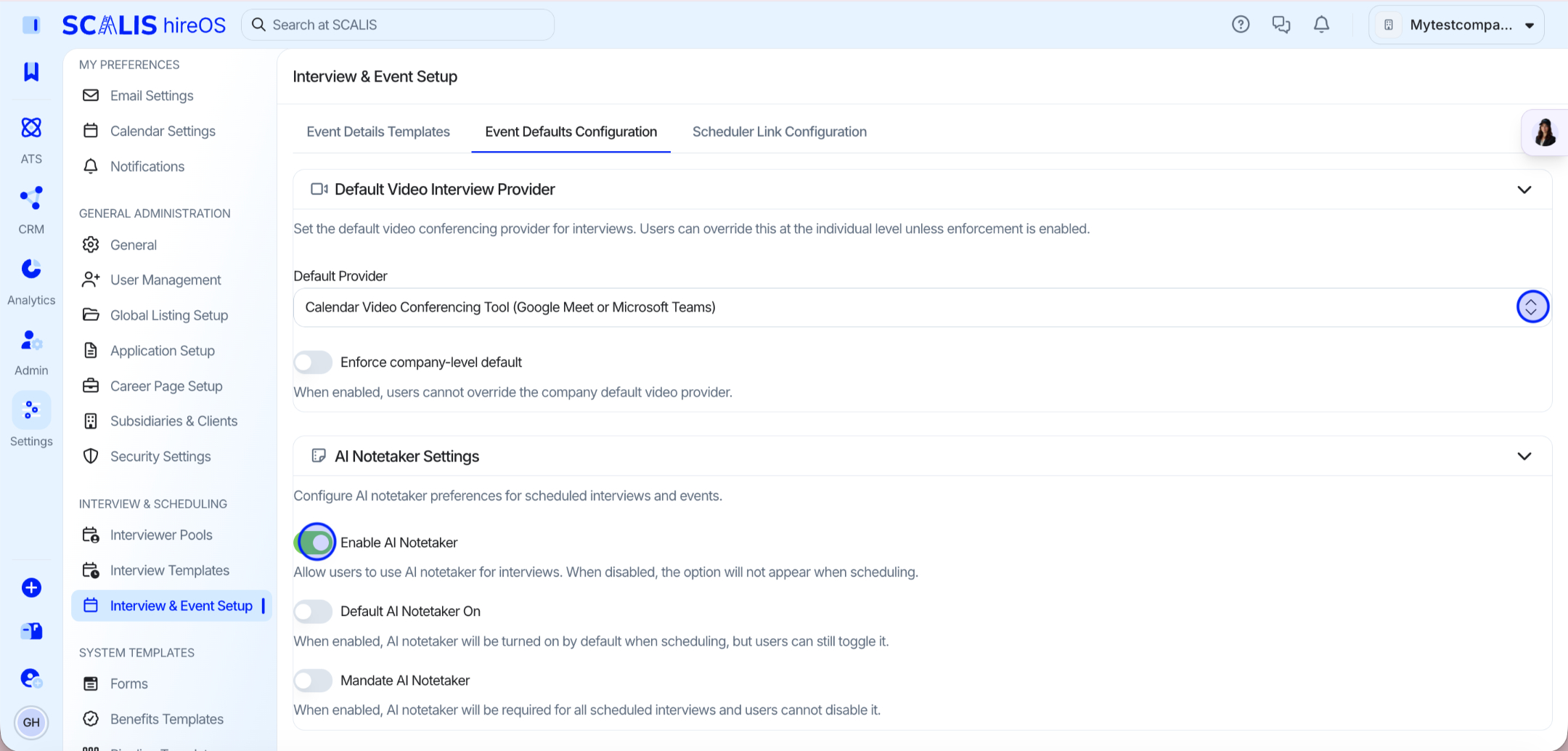 Event Defaults Configuration tab open in SCALIS