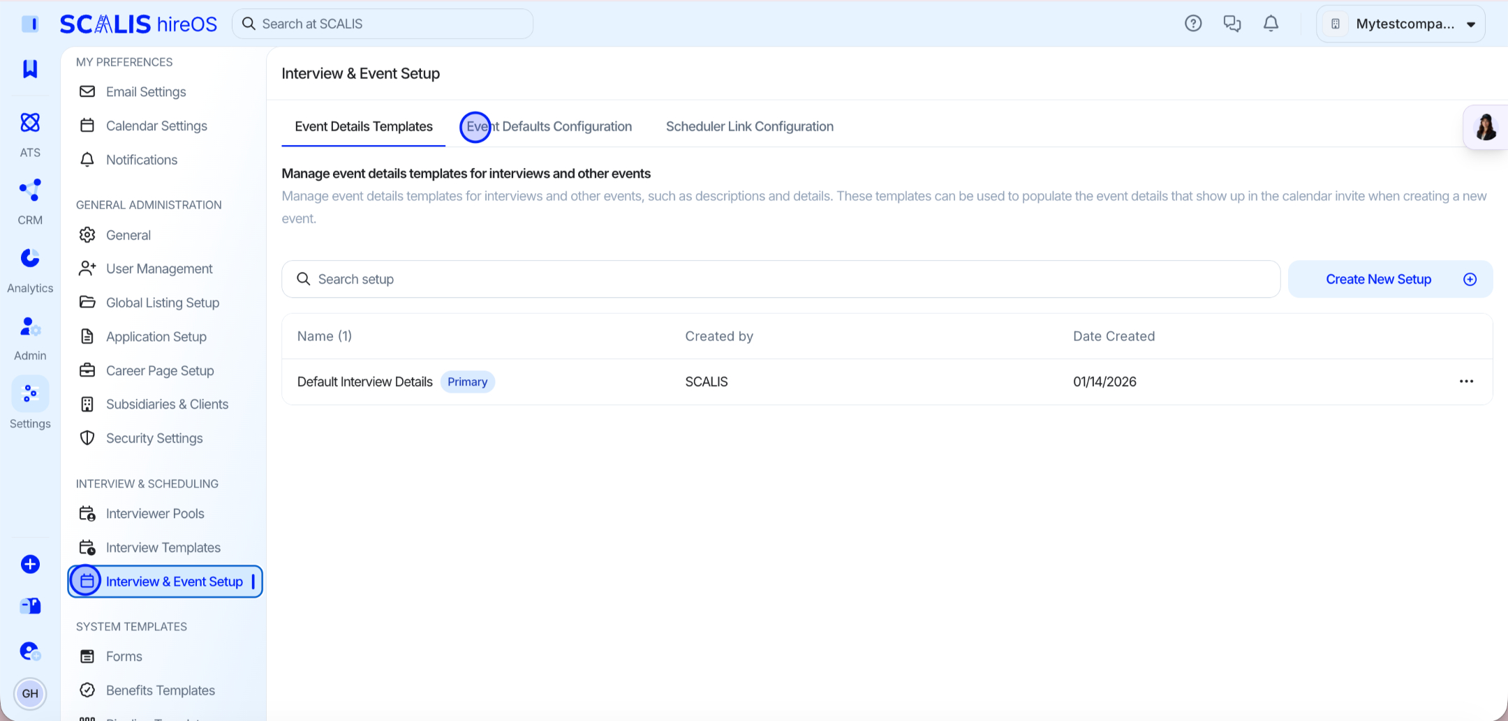Interview and Event Setup page in SCALIS Company Settings