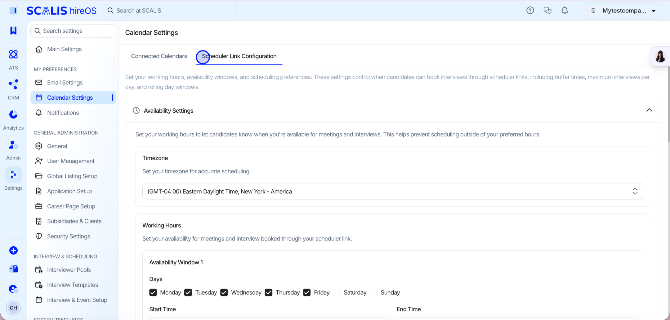 Scheduler Link Configuration tab open in SCALIS Calendar Settings