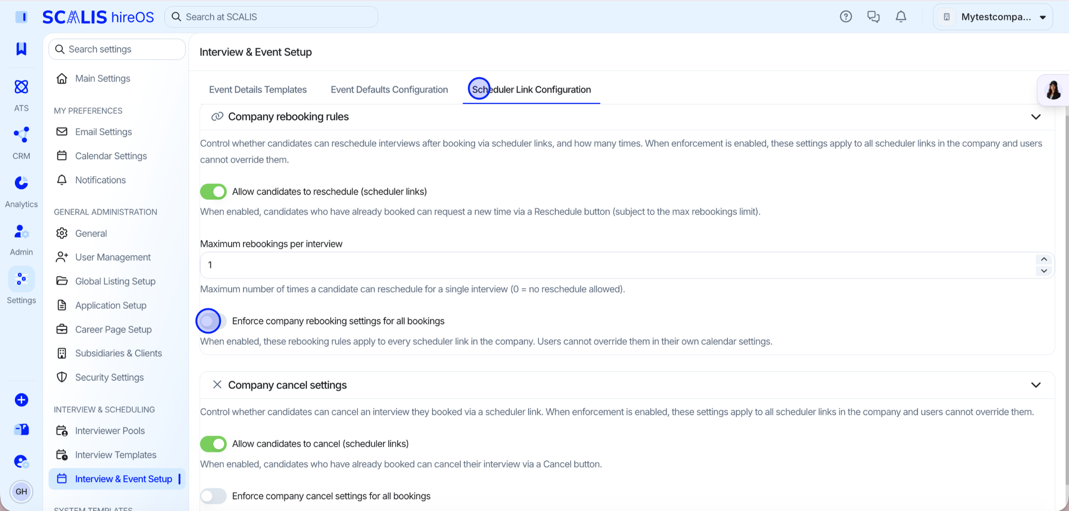 Company Settings with Calendar Settings highlighted in SCALIS