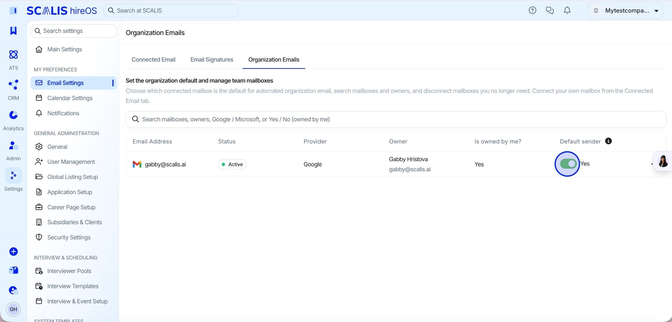 The Organization Emails tab showing the mailbox table with columns for Email Address, Status, Provider, Owner, Is owned by me?, and the Default sender toggle