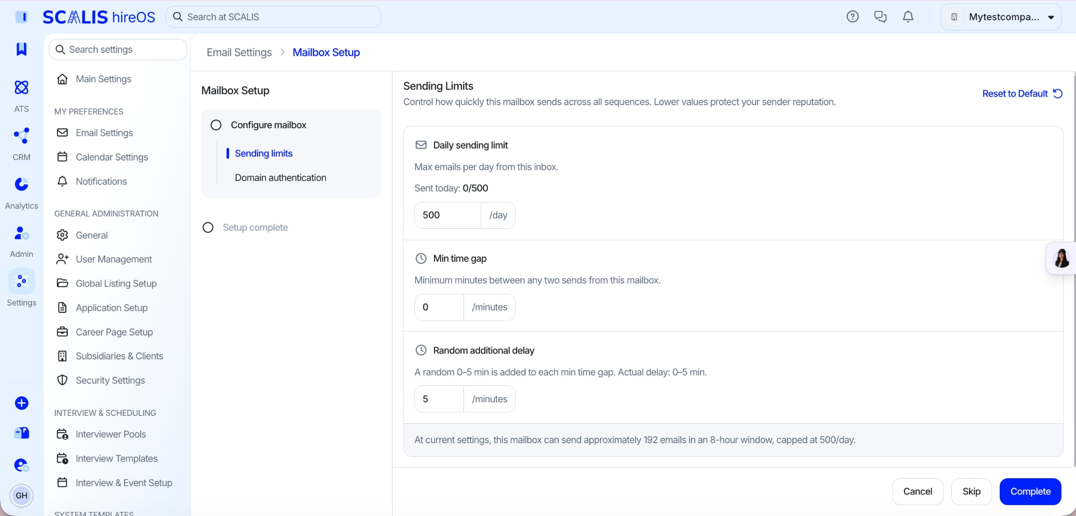 The Mailbox Setup Sending Limits panel showing Daily sending limit, Min time gap, and Random additional delay fields