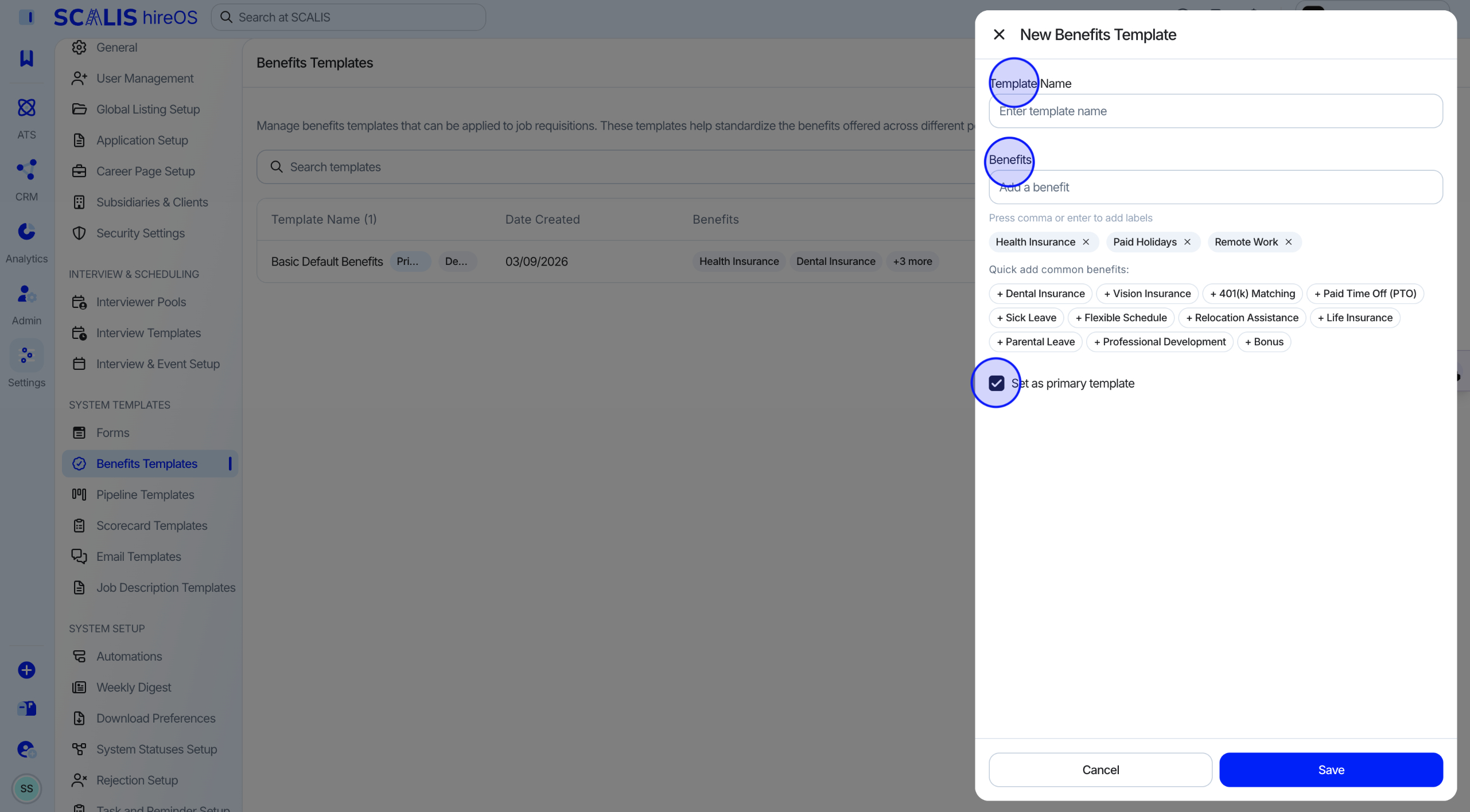 Selecting benefits in the template drawer