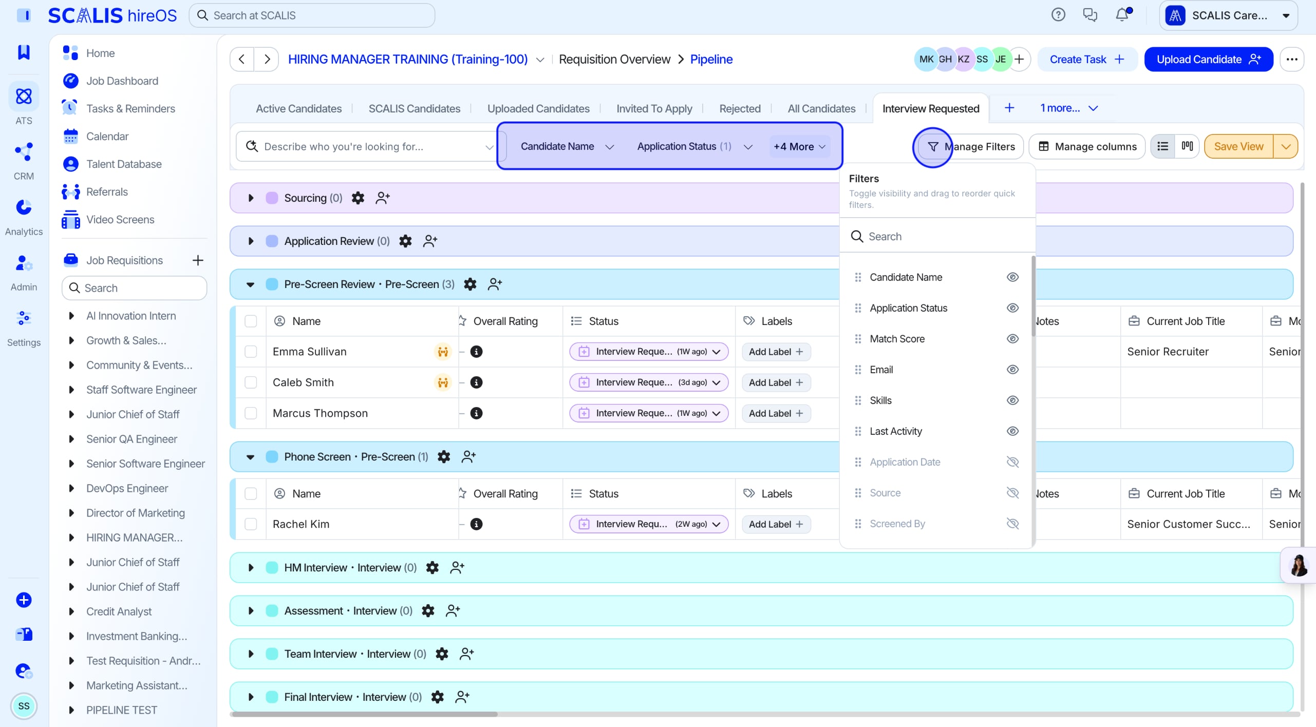 Pipeline view showing the Quick Filters bar and the Manage Filters button