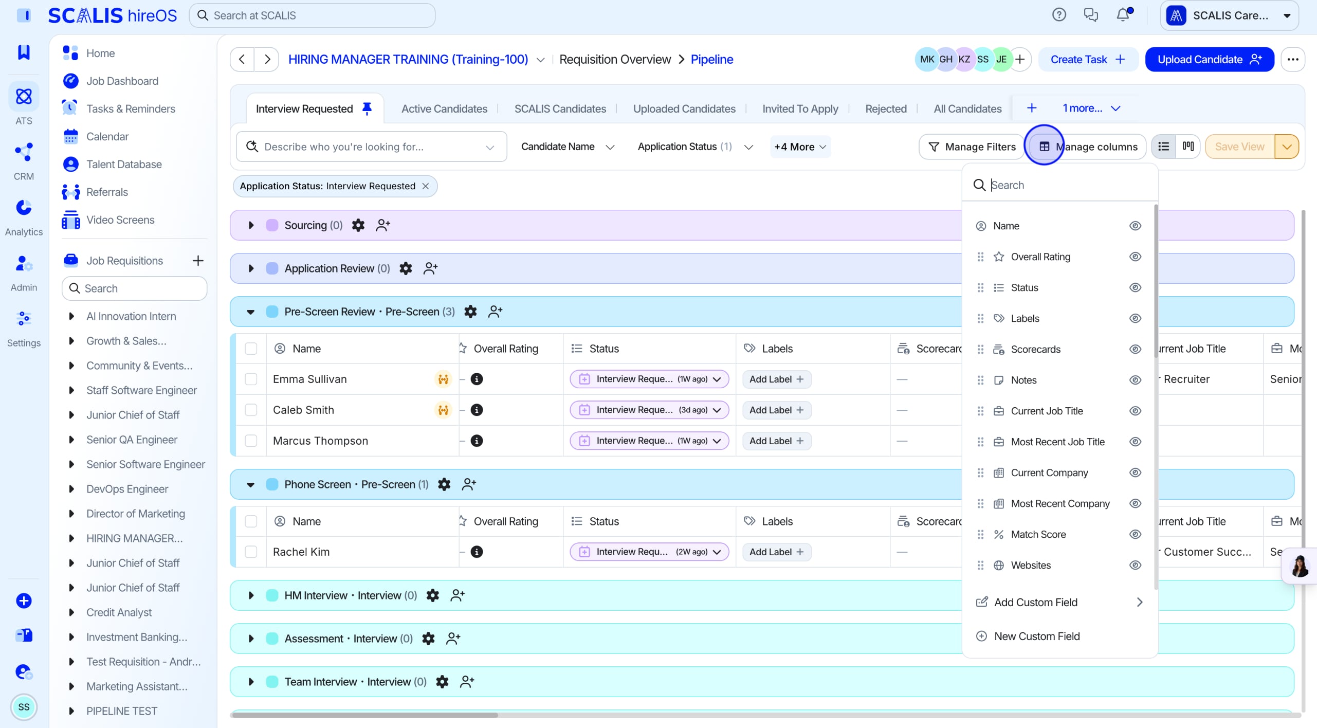 Columns panel with field toggles for Email, Phone Number, Match Score, Labels, and more