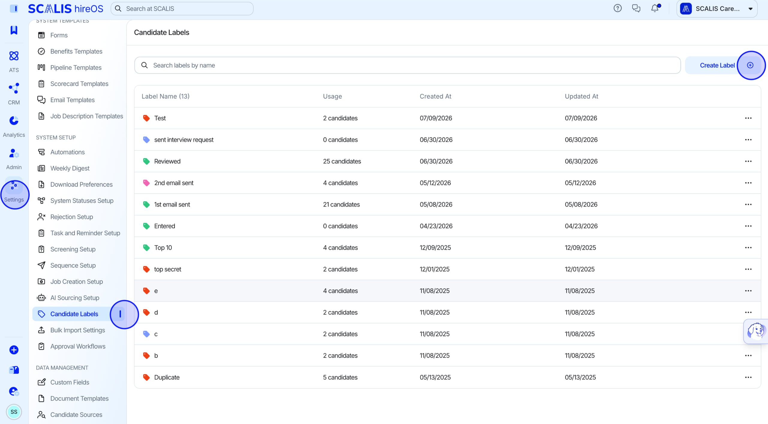 Candidate Labels option in Company Settings