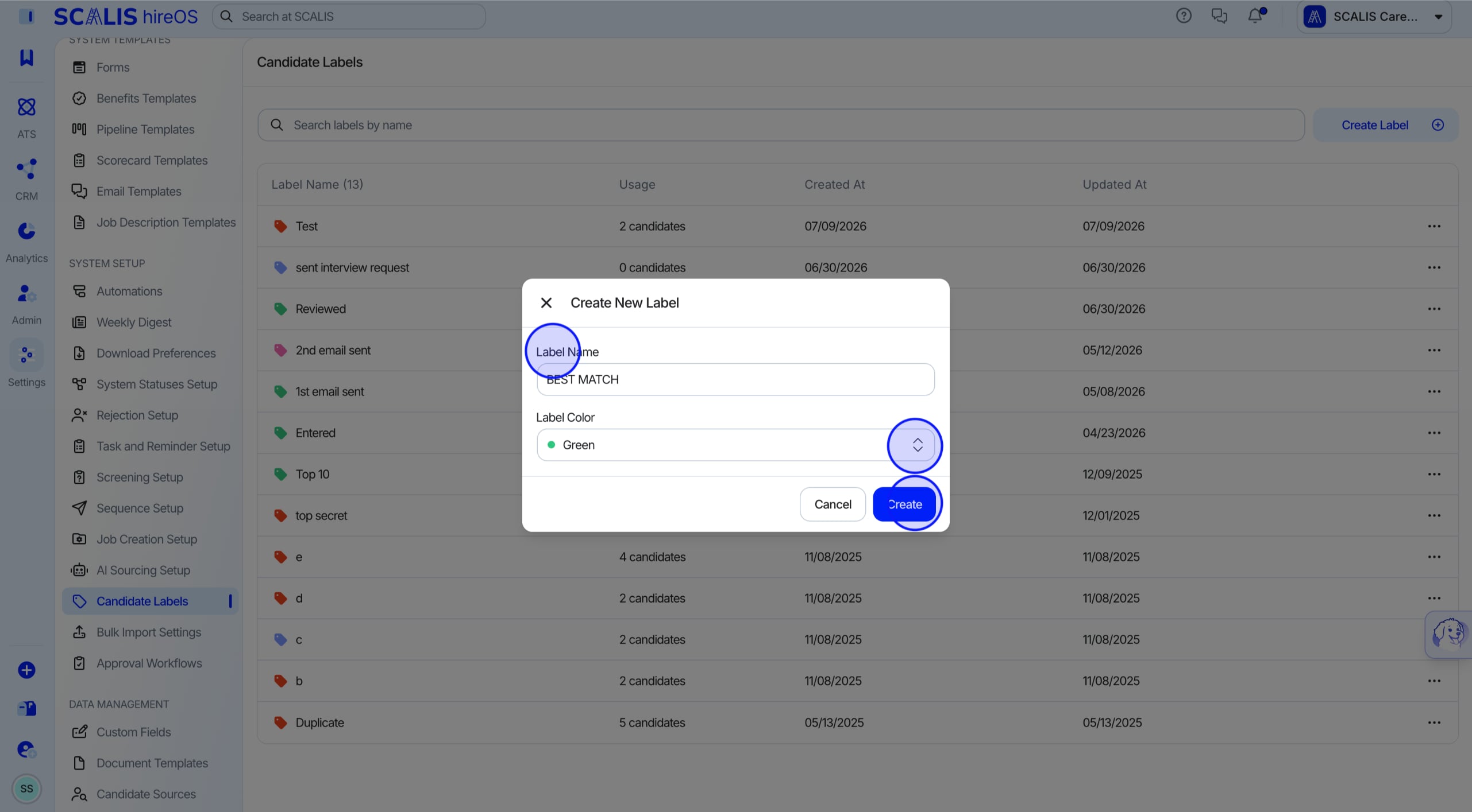 Create Label panel with name and color fields
