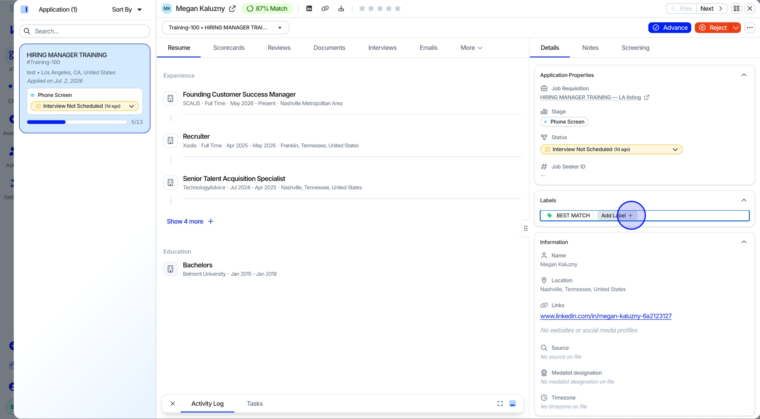 Assigning a label from the Candidate Profile view