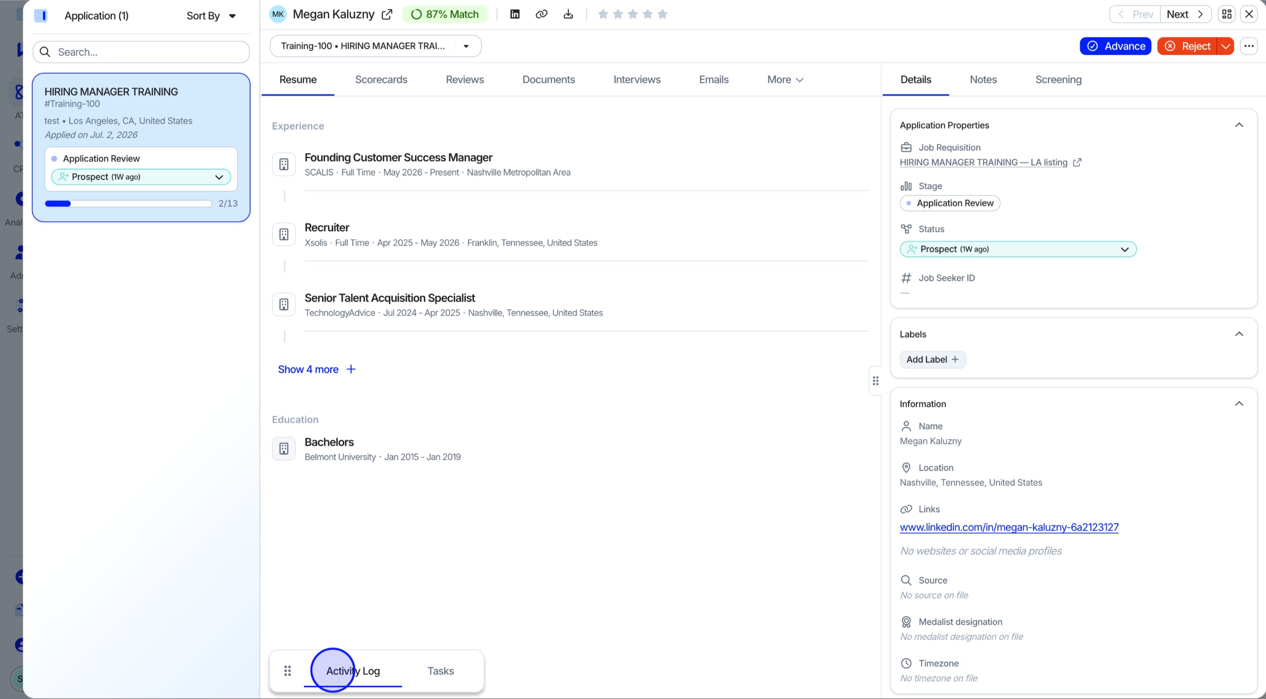 Activity Log tab on a candidate profile