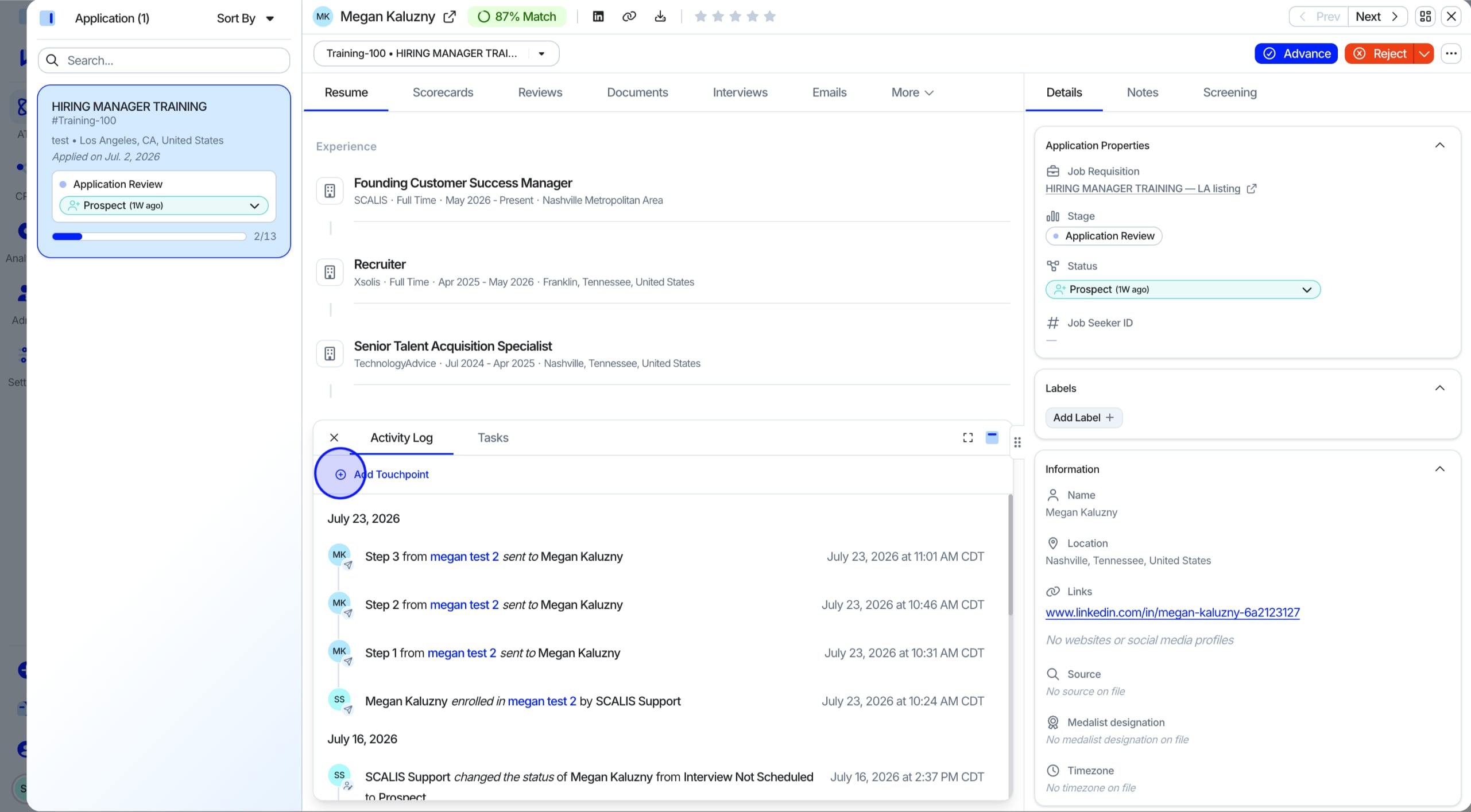 Add Touchpoint button in the Activity Log