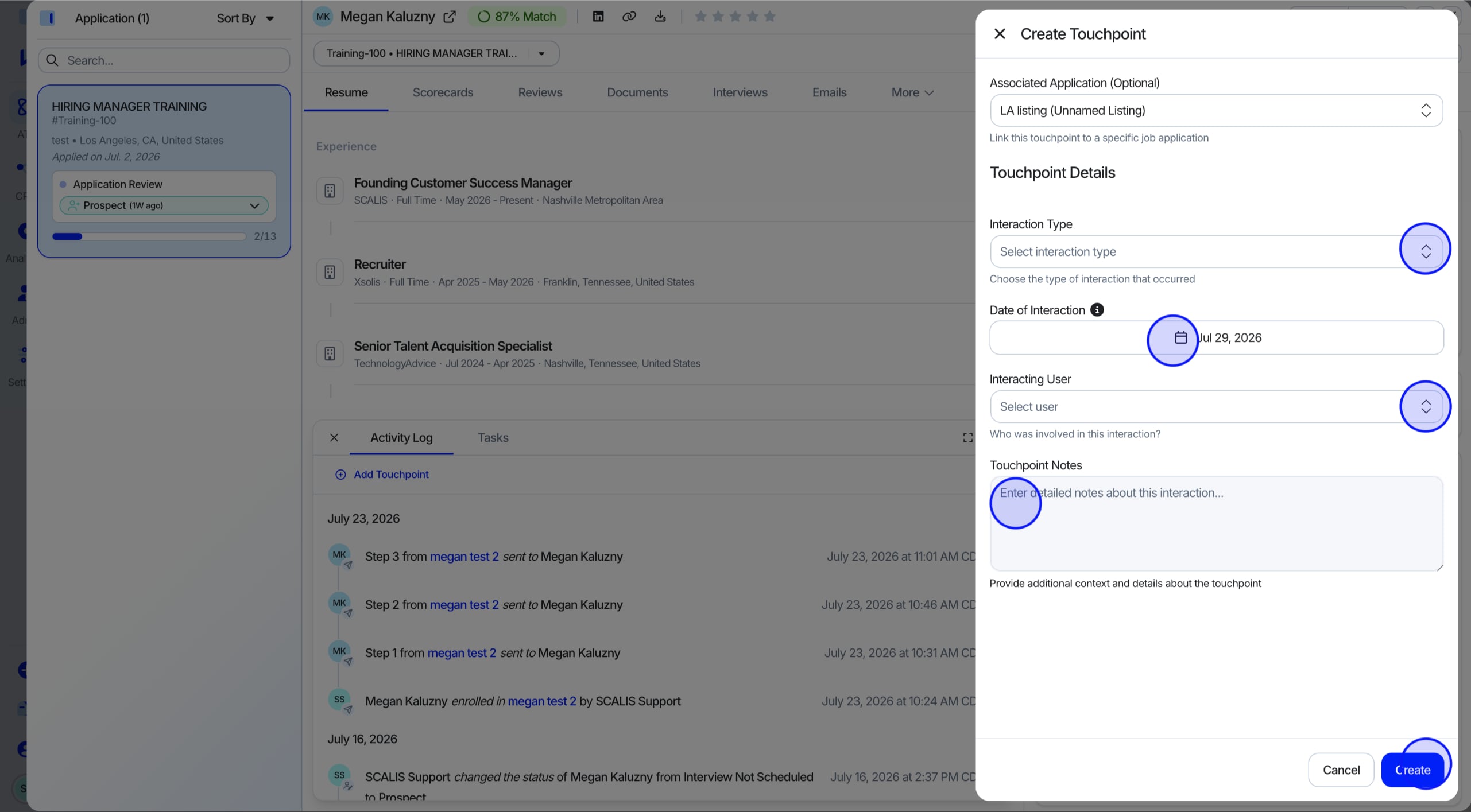 Touchpoint details pop-up window