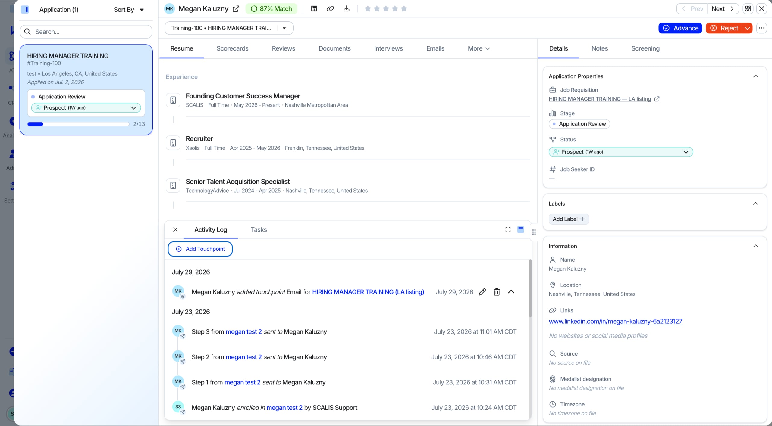 Saved touchpoint shown in the Activity Log