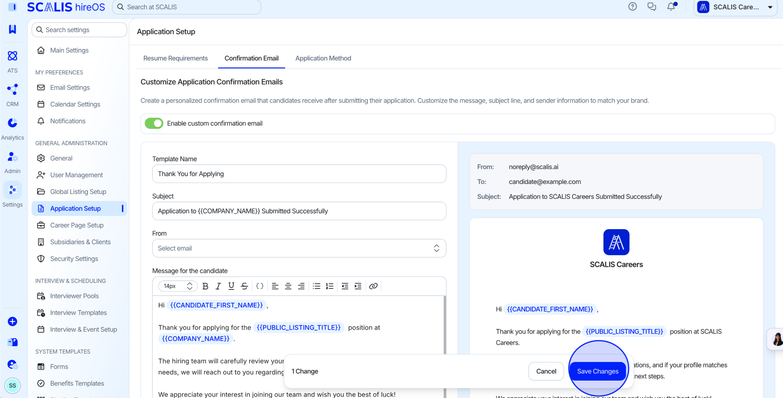 Custom confirmation email editor with the Save Changes button