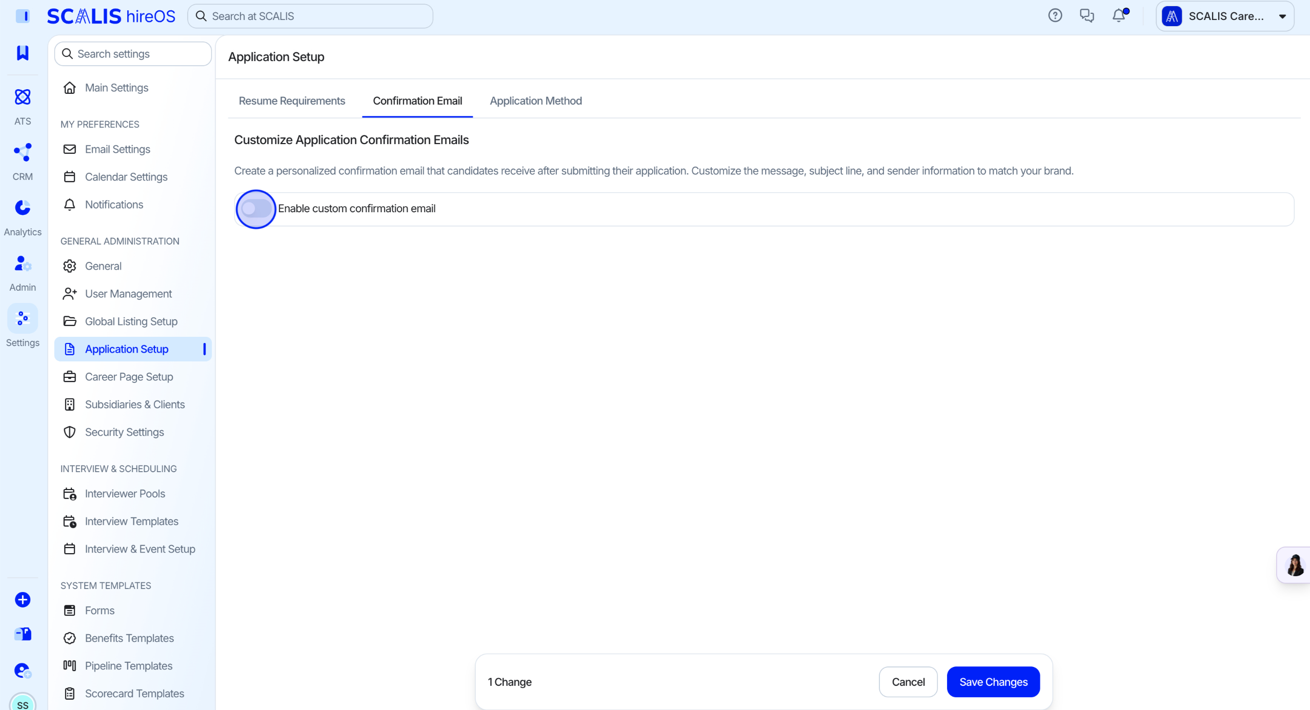 Toggle switch to enable custom confirmation email