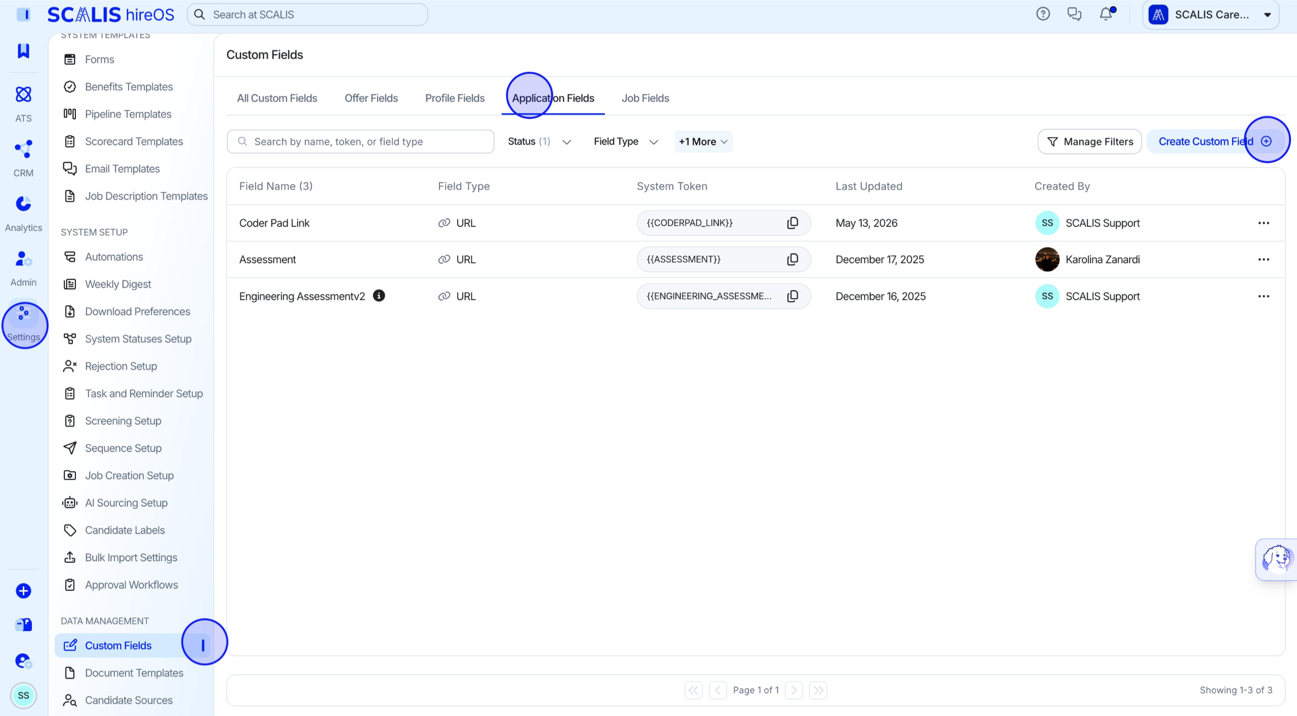 Custom Fields screen with Create Field button highlighted.