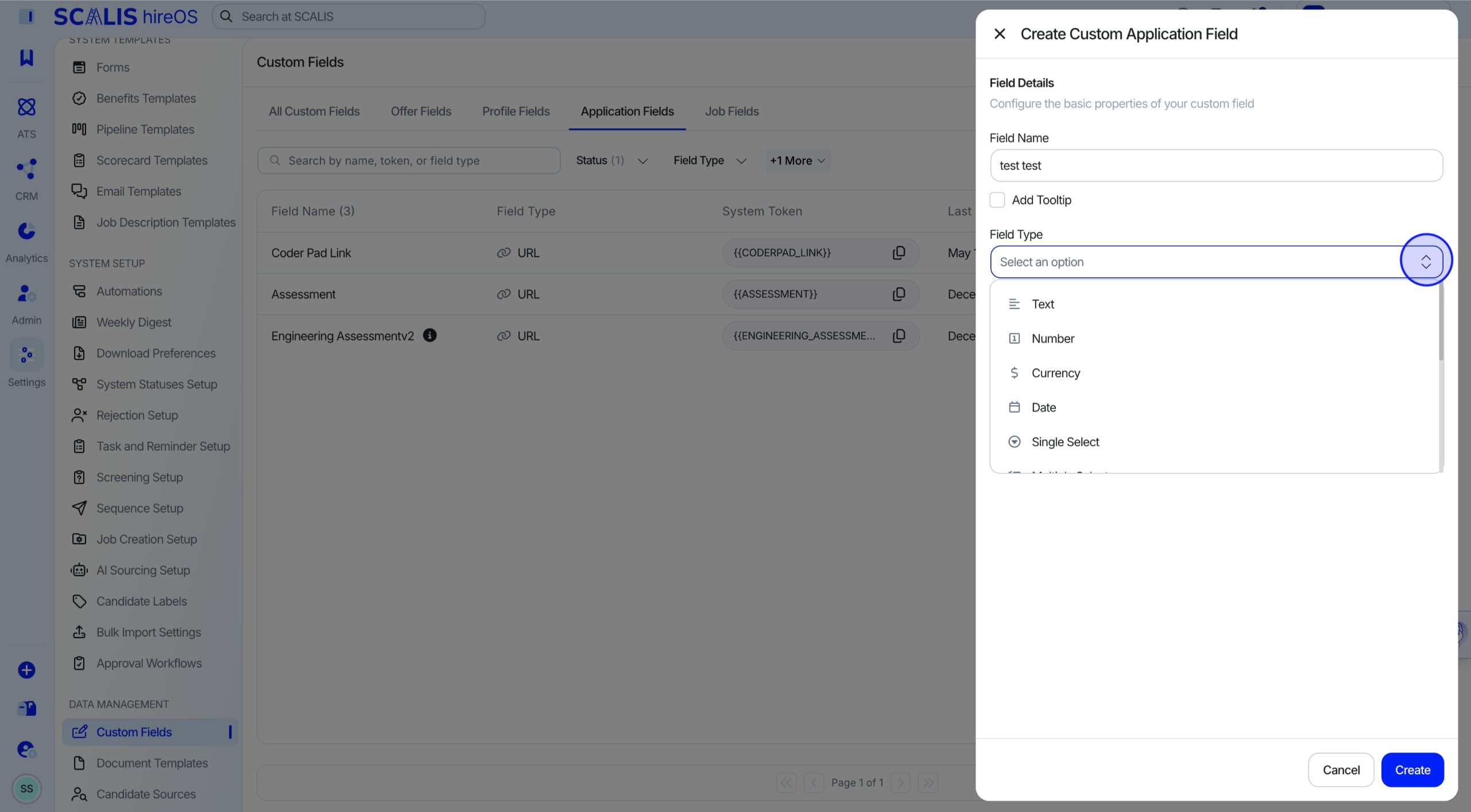 Field editor with data type options.