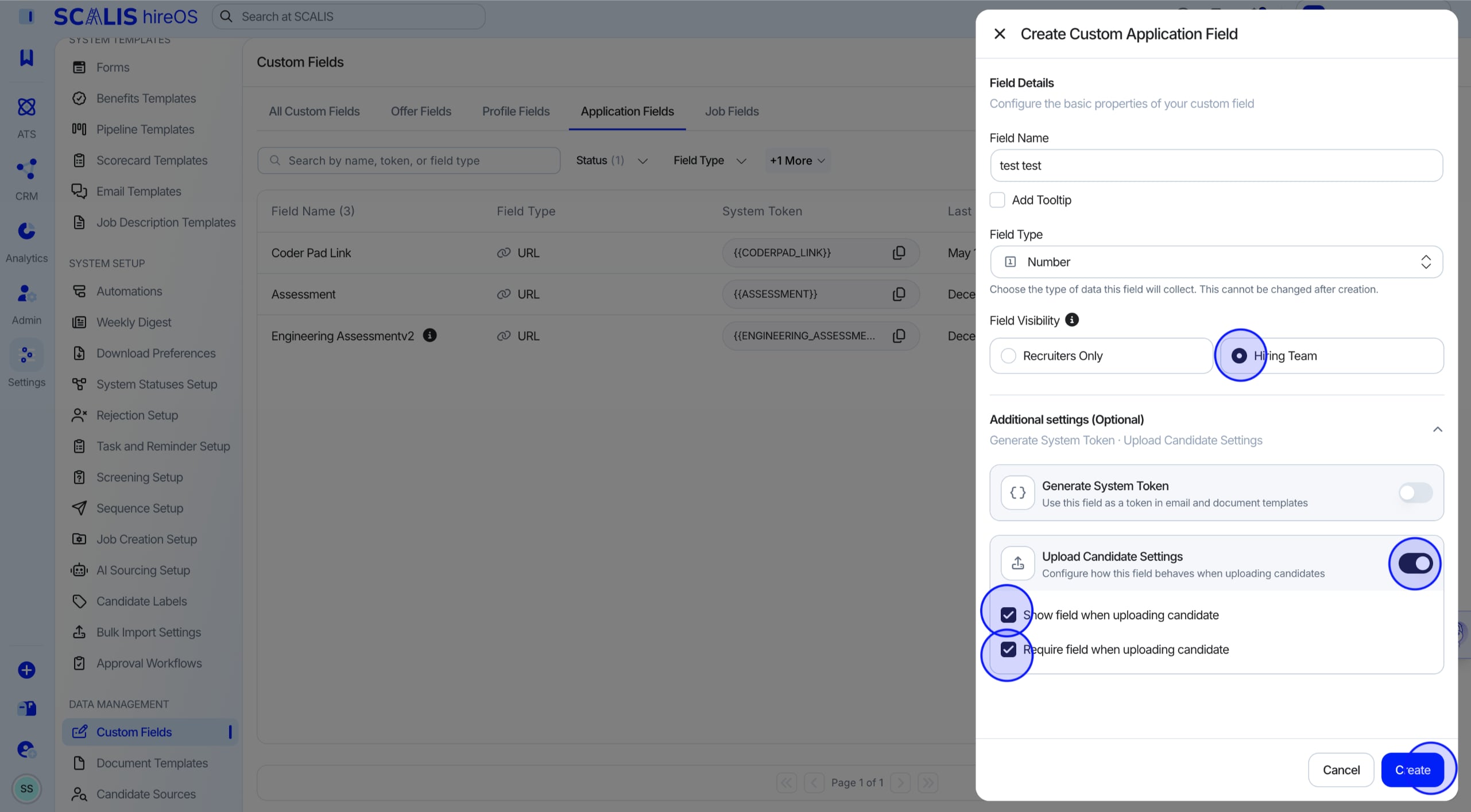 Advanced Settings panel showing Upload Candidate visibility and requirement toggles.