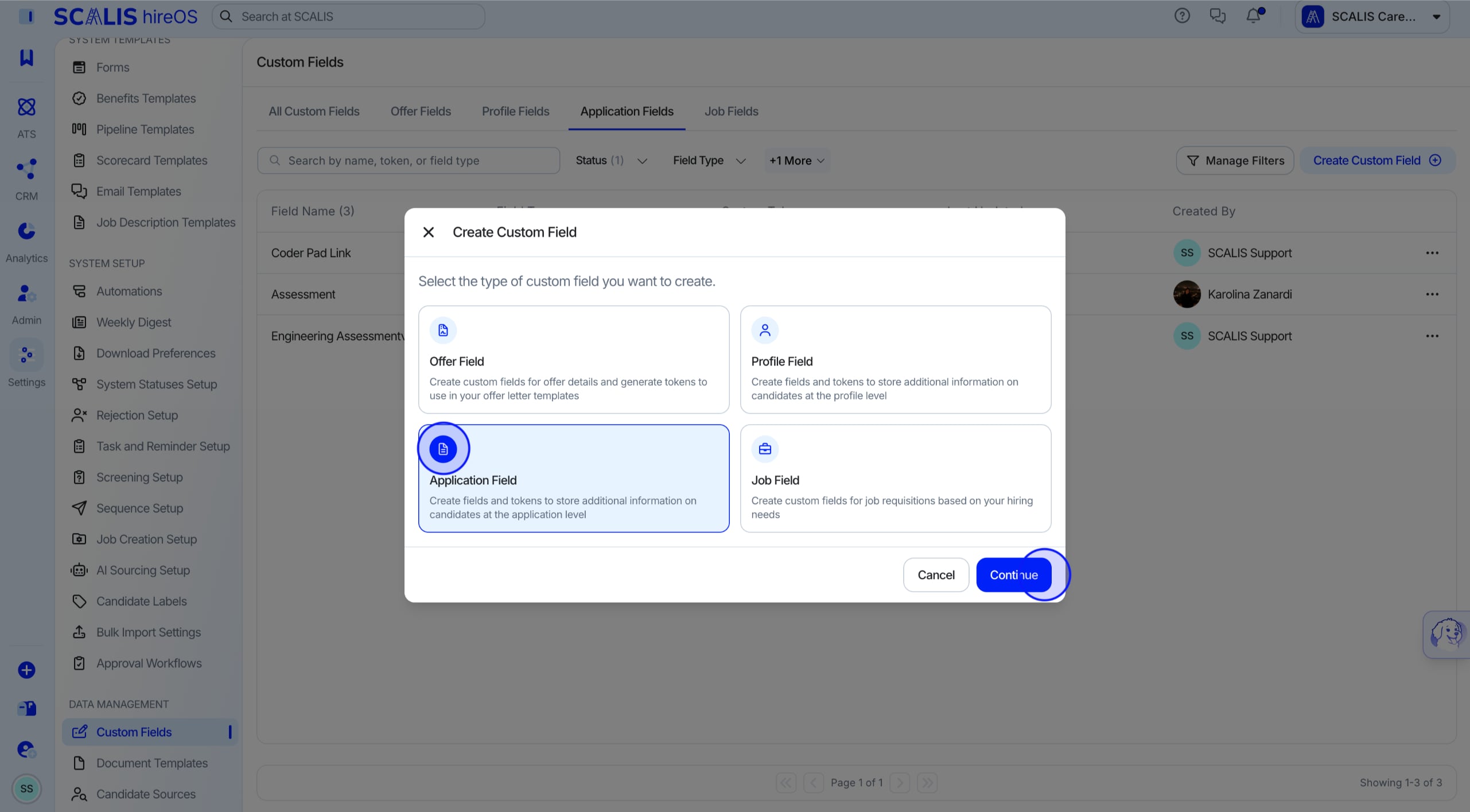 Popup with Application Field option selected.