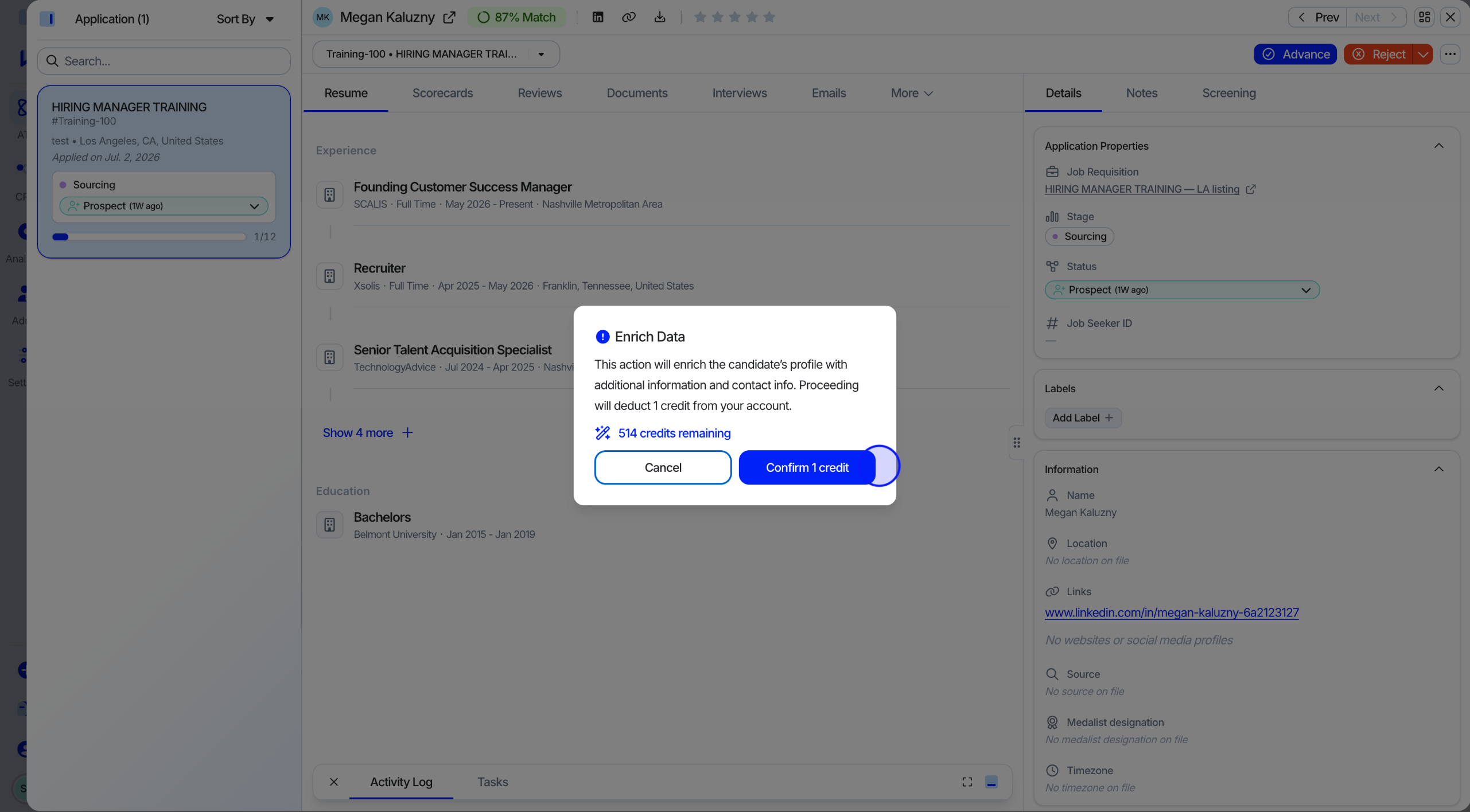 Credit confirmation pop-up for Data Enrichment