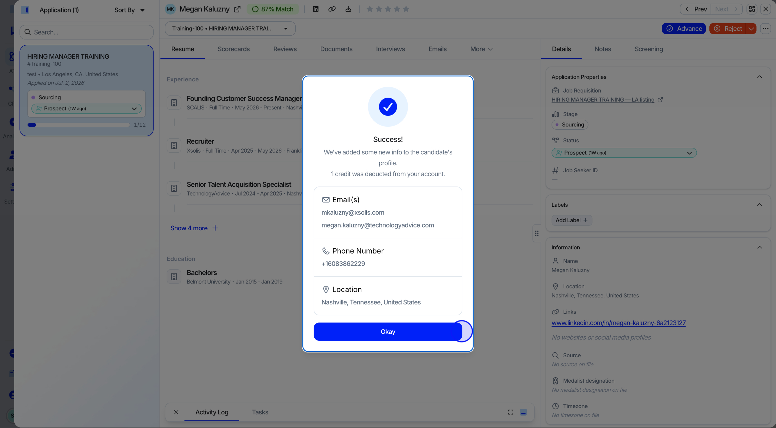 Candidate profile with verified enriched contact data