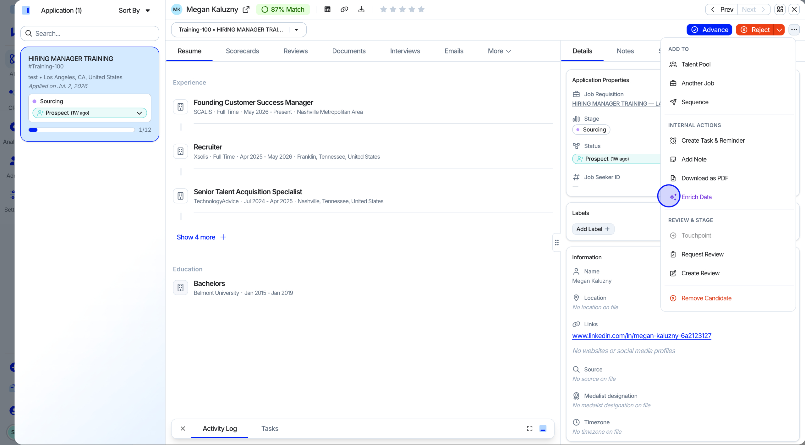 Enrich Data option selected in the candidate profile menu