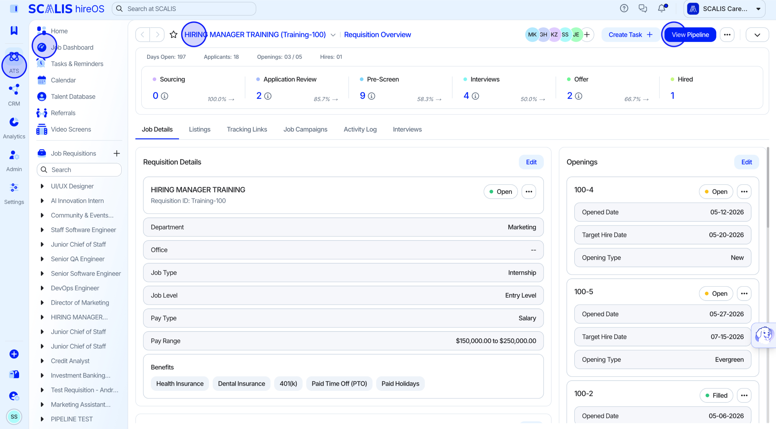 Dashboard view with a requisition selected