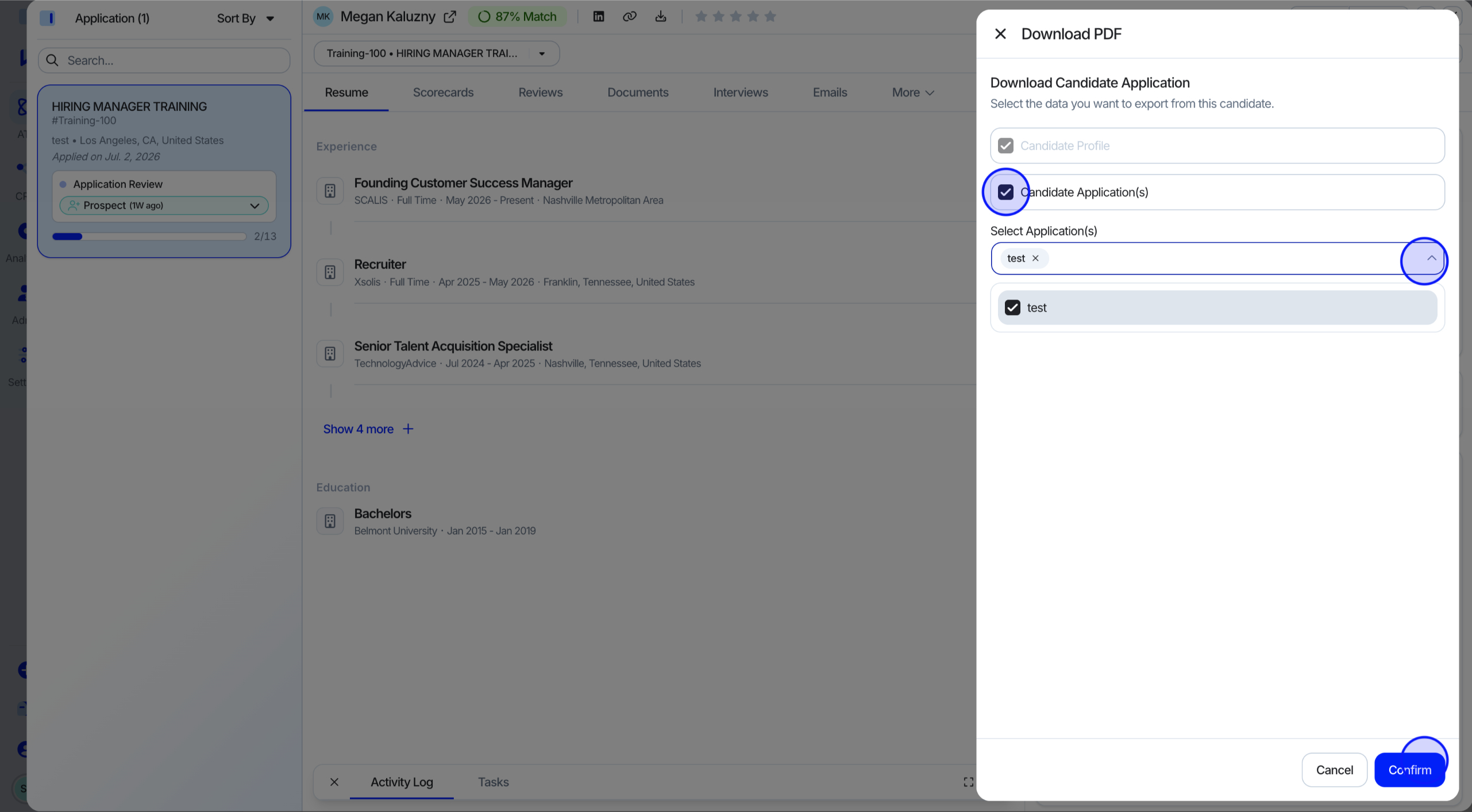 Export options for Candidate Profile and Candidate Application