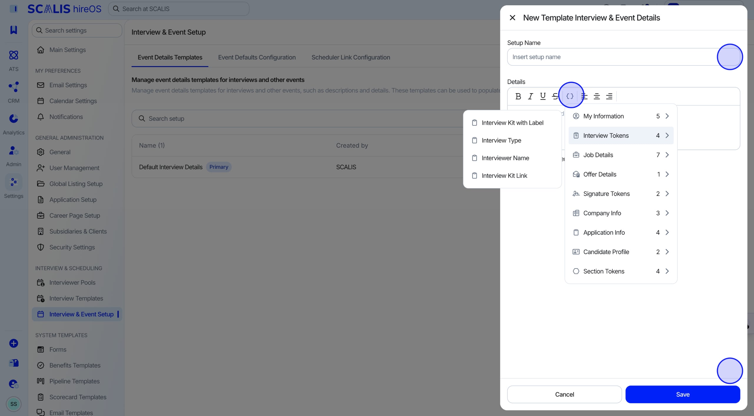 Event details template with text and token dropdown options