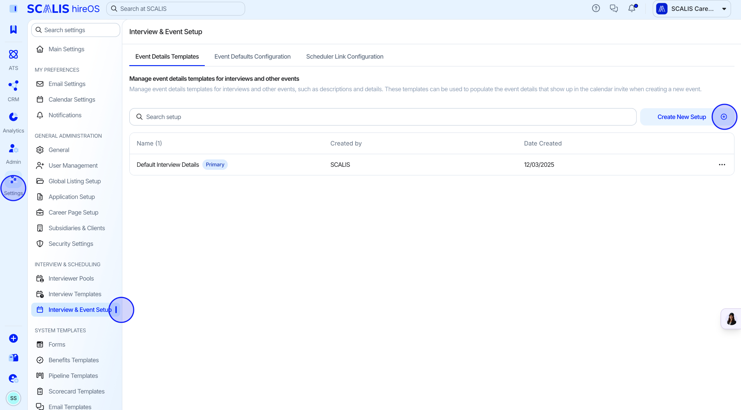 Blank event details template drawer in SCALIS