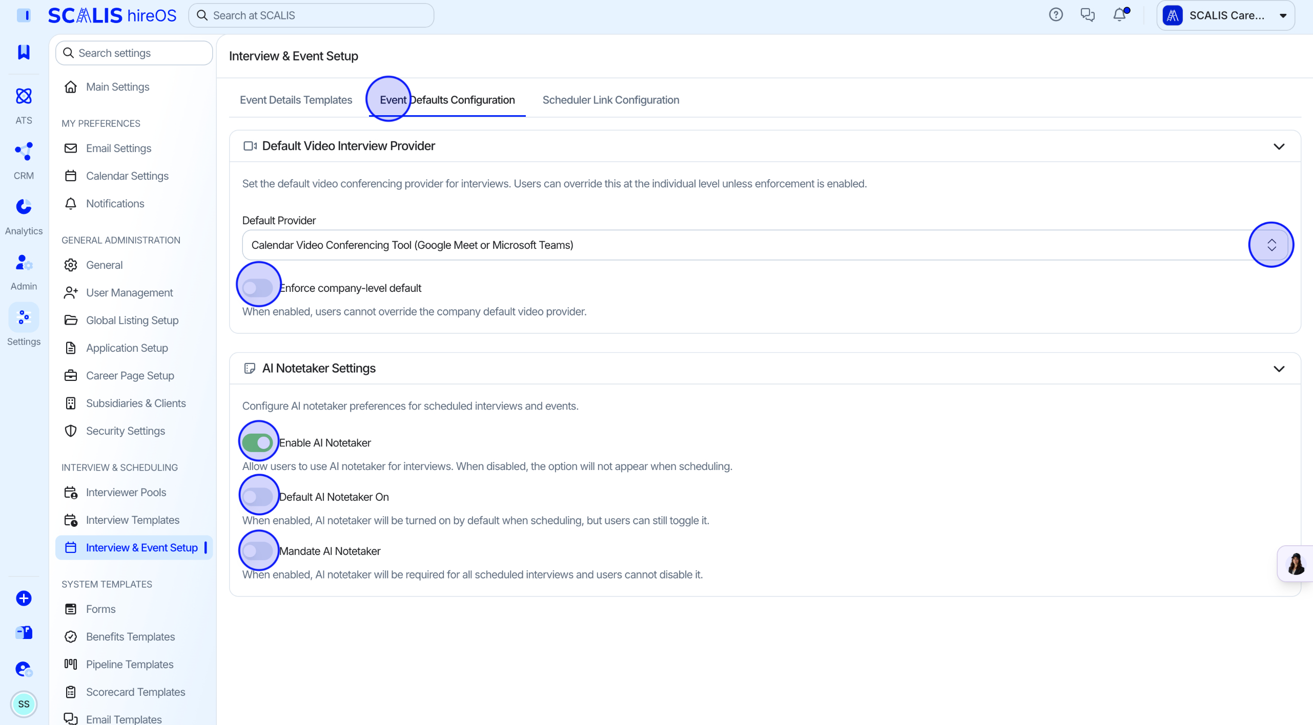 Event defaults configuration with default video provider and AI notetaker toggles
