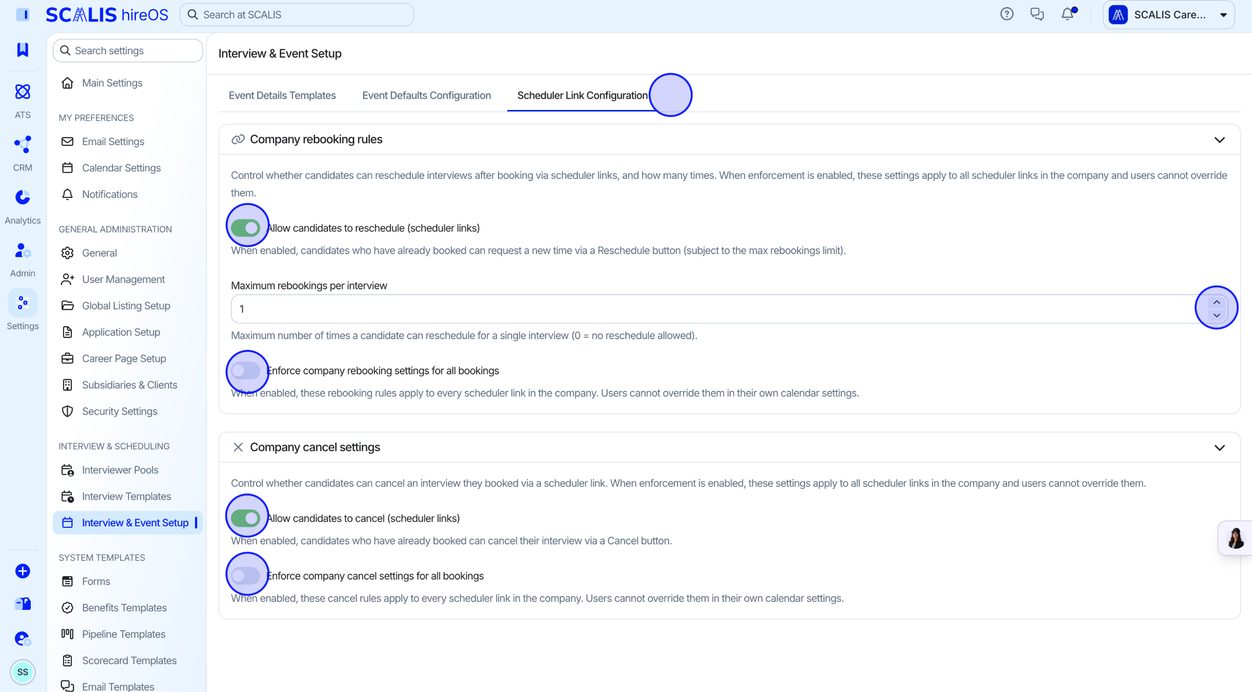 Scheduler link configuration with rebooking rule toggles