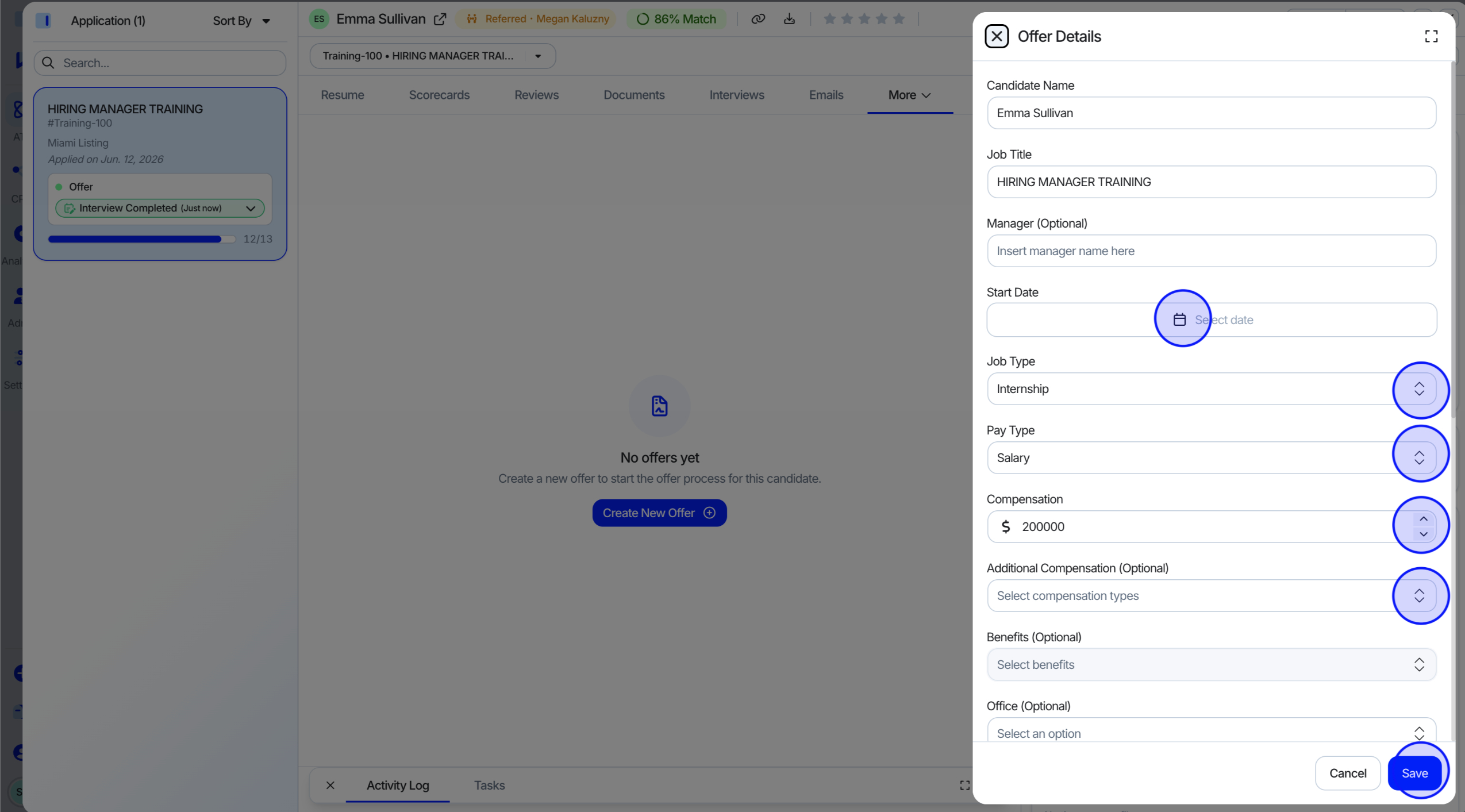 Creating a new offer in the Offer Details Drawer