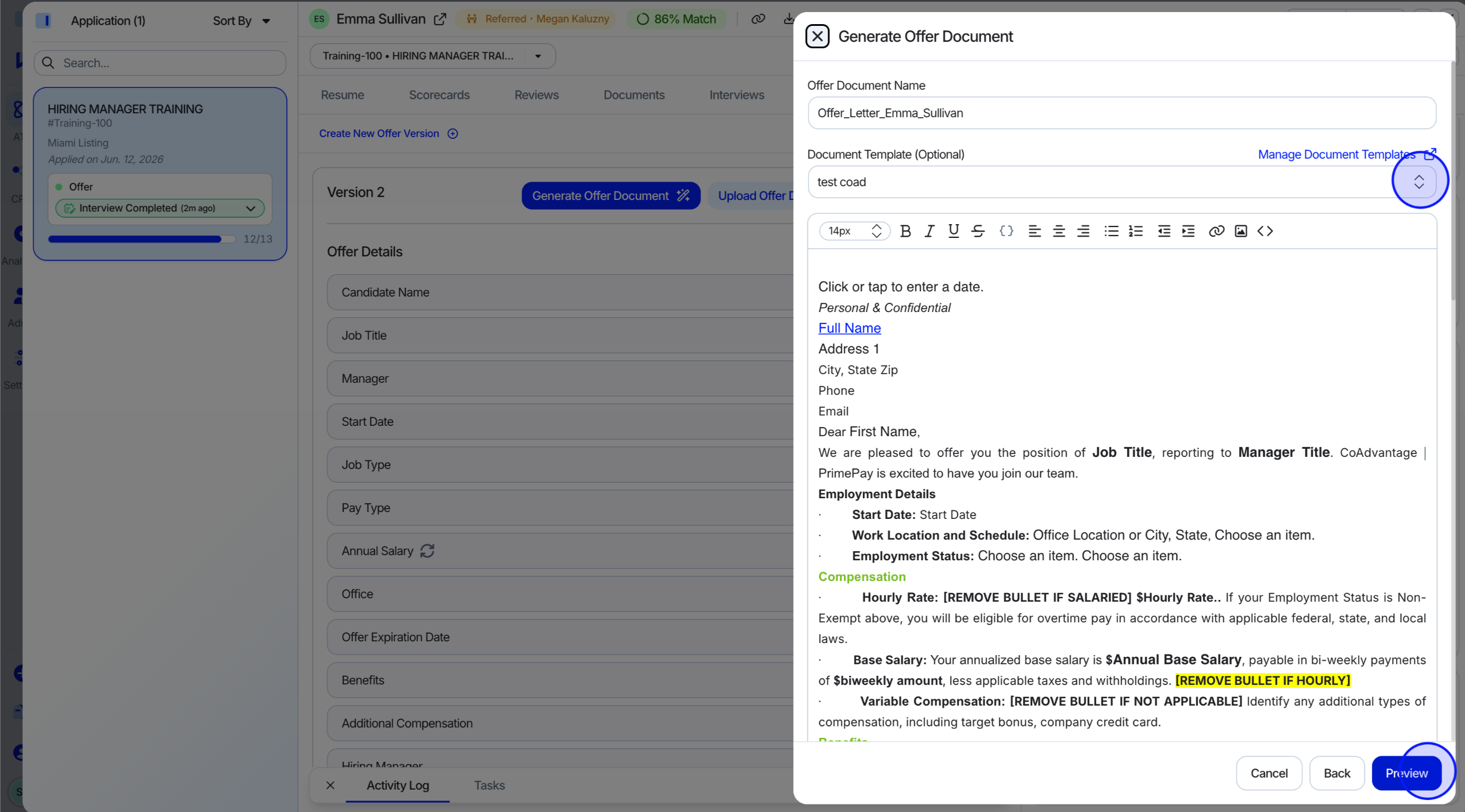 Choosing and generating from an offer template