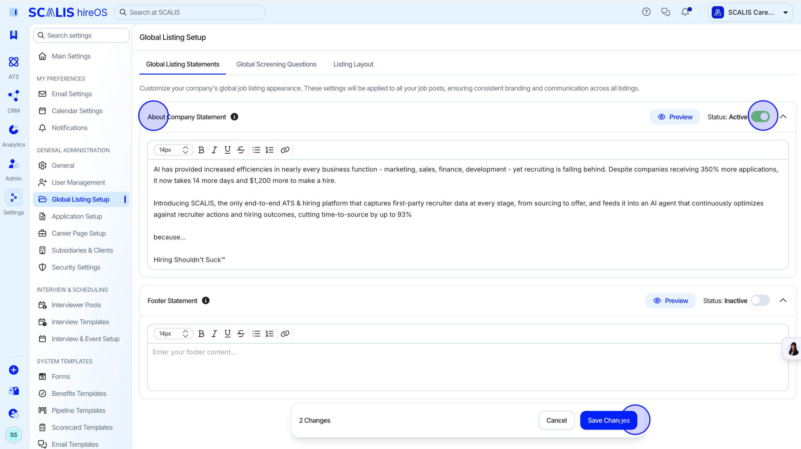 About Company Statement text box and status toggle