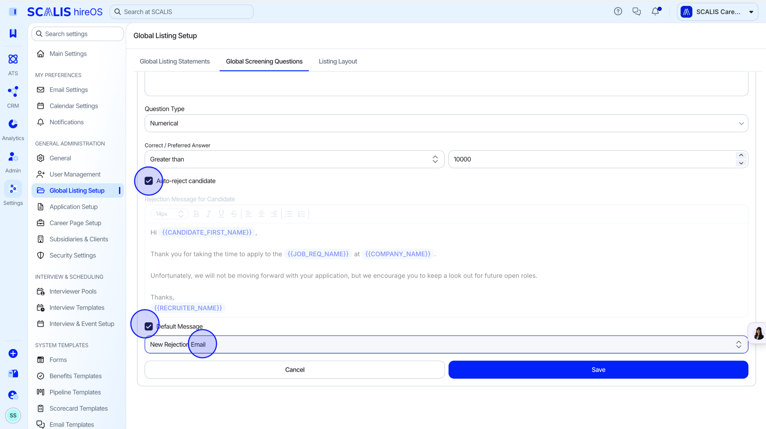 Auto-reject candidate checkbox and rejection email template