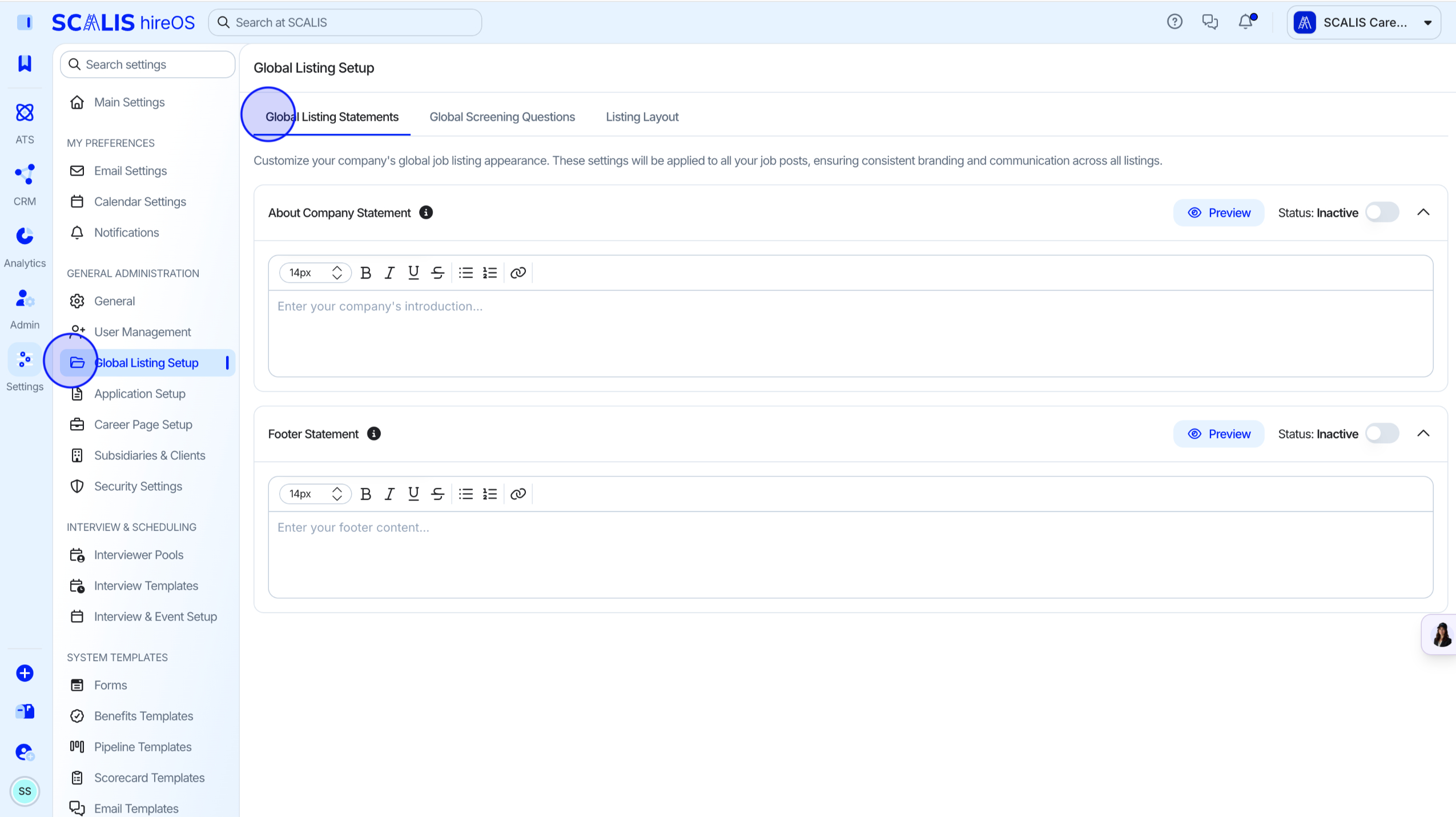 Global Listing Setup in company settings