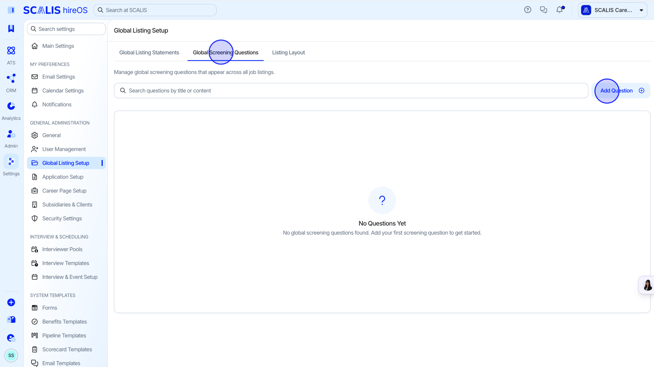 Add Screening Question button
